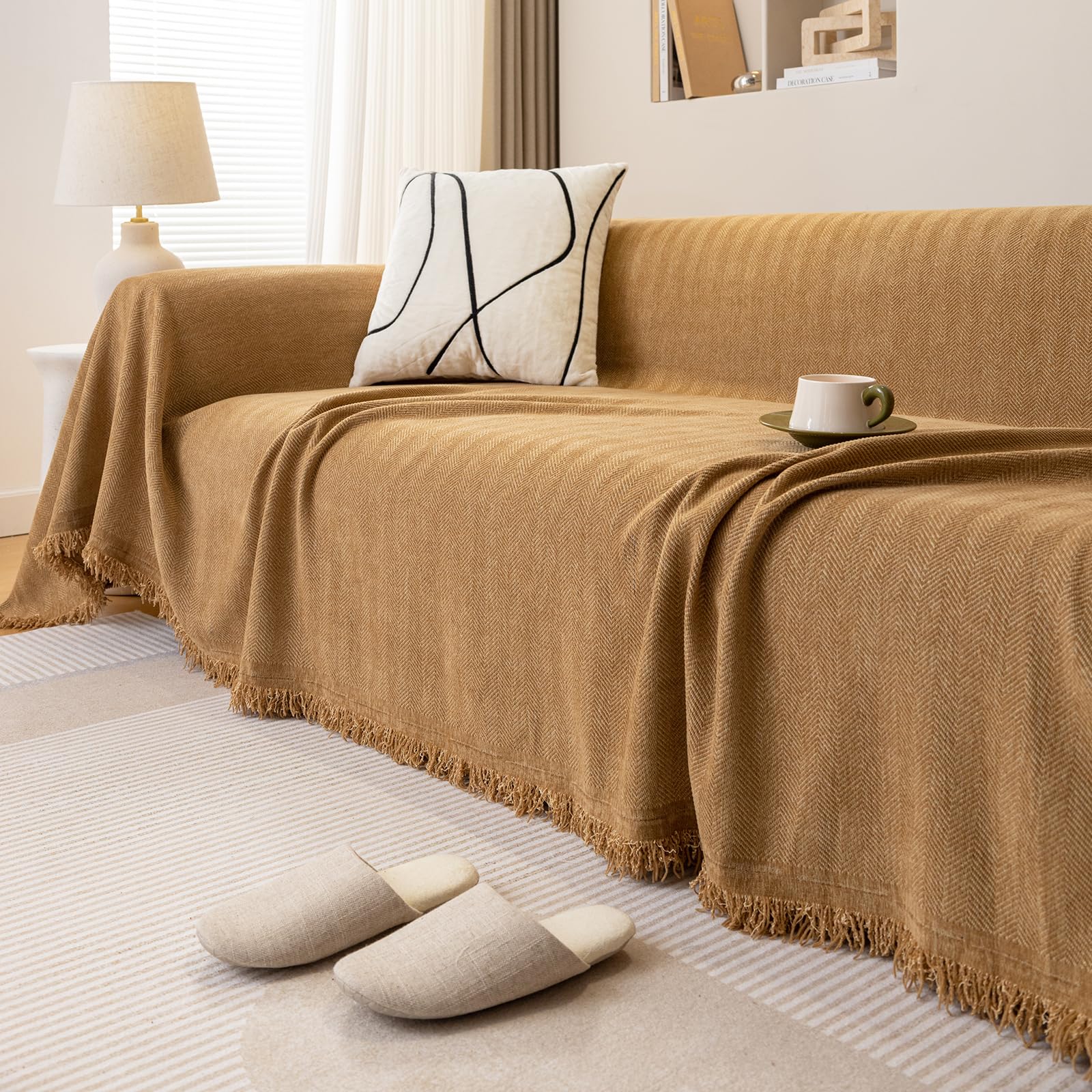 Throws for Sofas Large 180x380 cm Yellow Water Repellent Sofa Throw Blanket Soft Herringbone Chenille Tassels Blankets for Bed Settees Chair Slipcover 1 2 3 4 Seater Couch Cover