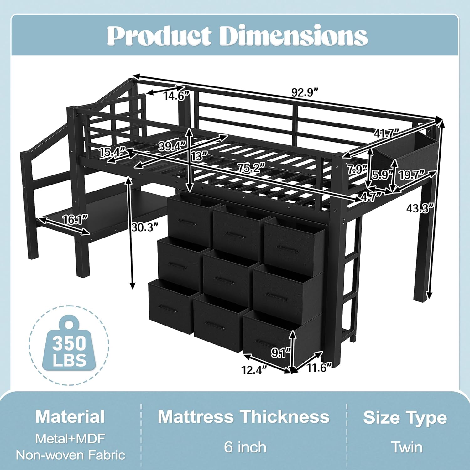 Bellemave Twin Low Loft Bed with 9 Drawers, Storage Stairs & LED Lights, Metal Low Loft Bed Frame with Multi-Storage & Under-Bed Spaces for Kids Girls Boys, Black