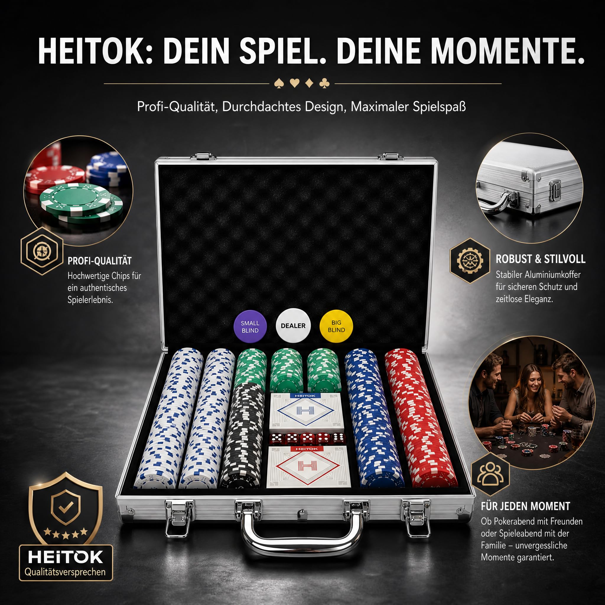 HEITOK Pokerkoffer 500 Stück – Premium Texas Holdem Set mit 11,5g Laser Chips & Alu-Koffer für 10 Spieler | Aluminiumkoffer mit Dealer und Blind Buttons, für 2-10 Spieler, Texas Holdem, organisierte Kartenrunden, zu Hause