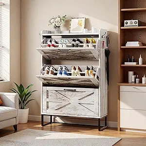 DWVO Farmhouse Shoe Storage Cabinet with 3 Flip Drawers, Slim Shoe Cabinet for Up to 24 Pairs, Narrow Shoe Rack for Entryway, Living Room, Hallway (Vintage White)