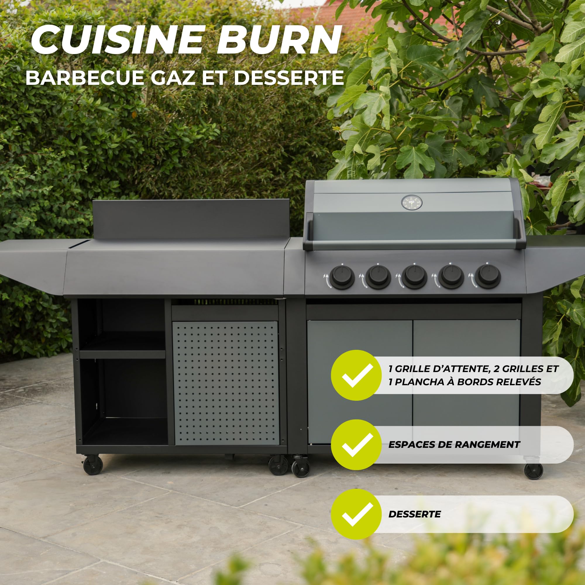 Cook'in Garden - Cucina Esterna Gas BURN, Barbecue con Desserte integrato, 5 Bruciatori, Termometro incorporato, Spazio aggiuntivo, Struttura in Acciaio, Ideale per 12 commensali