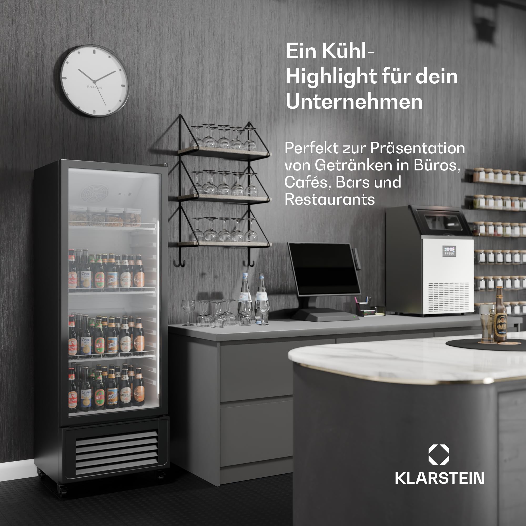 Klarstein GrandCooler 270L Getränkekühlschrank, Doppelt Verglaste Tür, LED-Beleuchtung, Mechanischer Thermostat, 0-10°C, 4 Räder, Energieklasse B