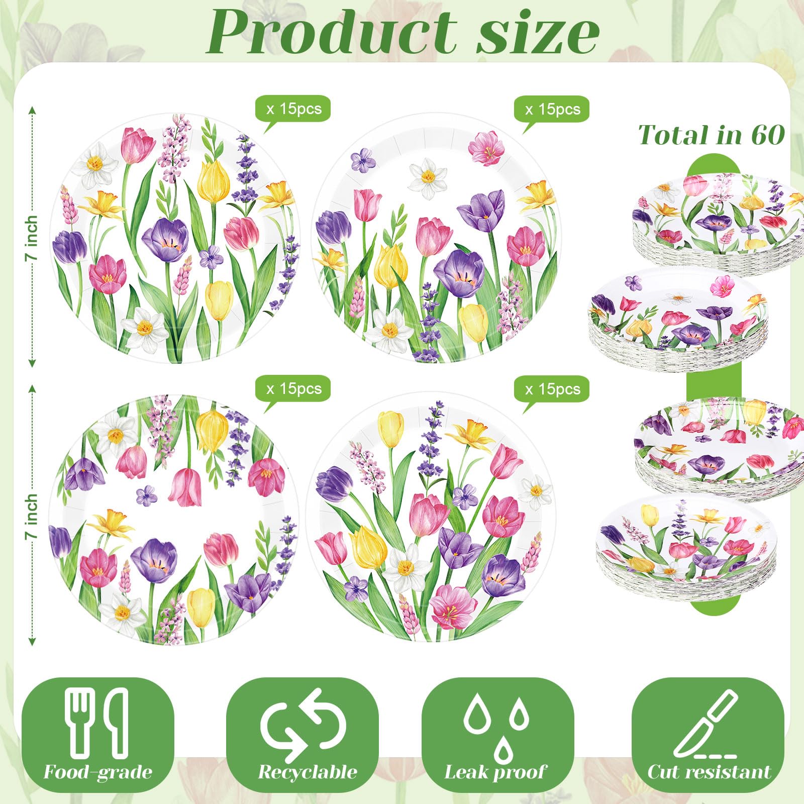 Zopeal 60 piatti di carta floreali a tulipano, 22,9 cm, decorazioni per baby shower, matrimoni, piatti da cena floreali usa e getta, per compleanni, tè, feste, doccia