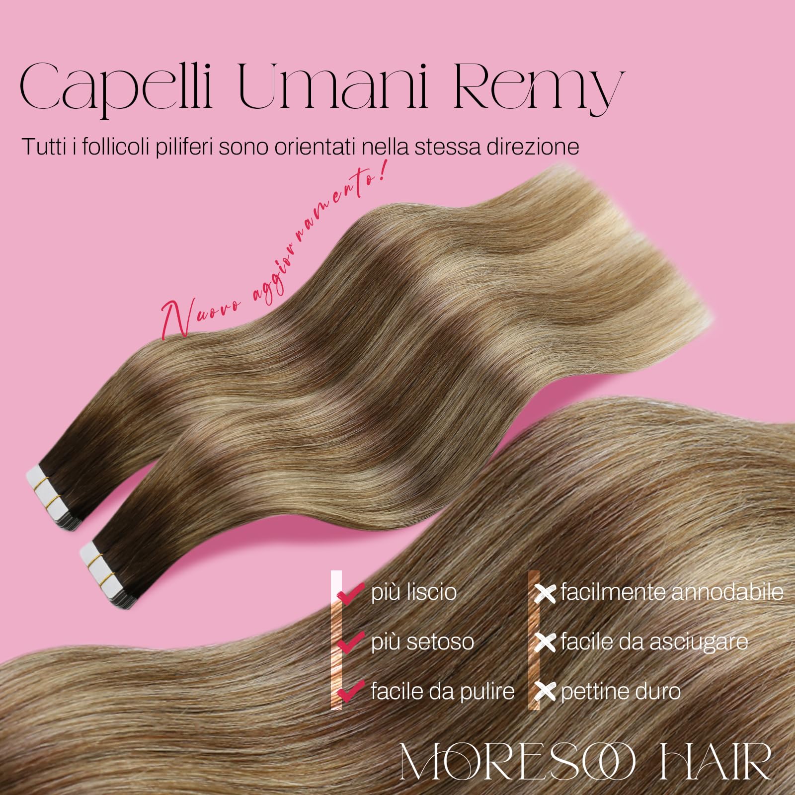 Moresoo Dopinki do przedłużania włosów metodą tape in, prawdziwe włosy, blond, ciemny brąz do jasnobrązowego z bladym blondem, ombre, niewidoczne, blond, 20 sztuk/50 g, 55 cm #4/6/613