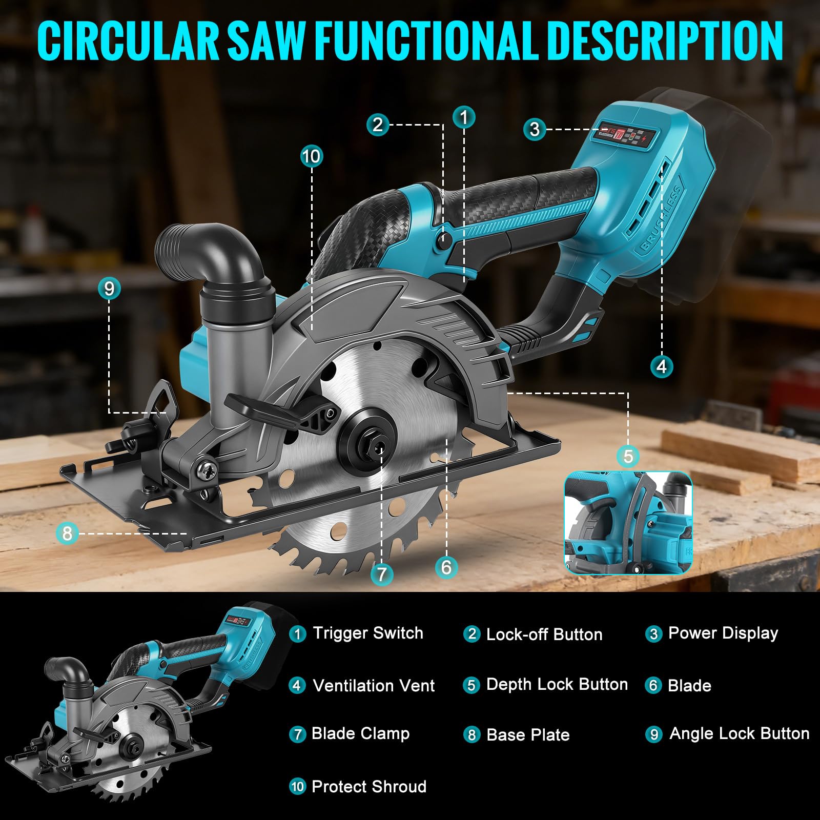 Akku Kreissäge für Makita 18V Batterie – Bürstenlose Mini Handkreissäge mit 2 Sägeblättern(150mm) – 6500 U/min, Schnitttiefe 56 mm, 0‑45° neigbar – Ideal für Holz & Kunststoff (Ohne Akku)