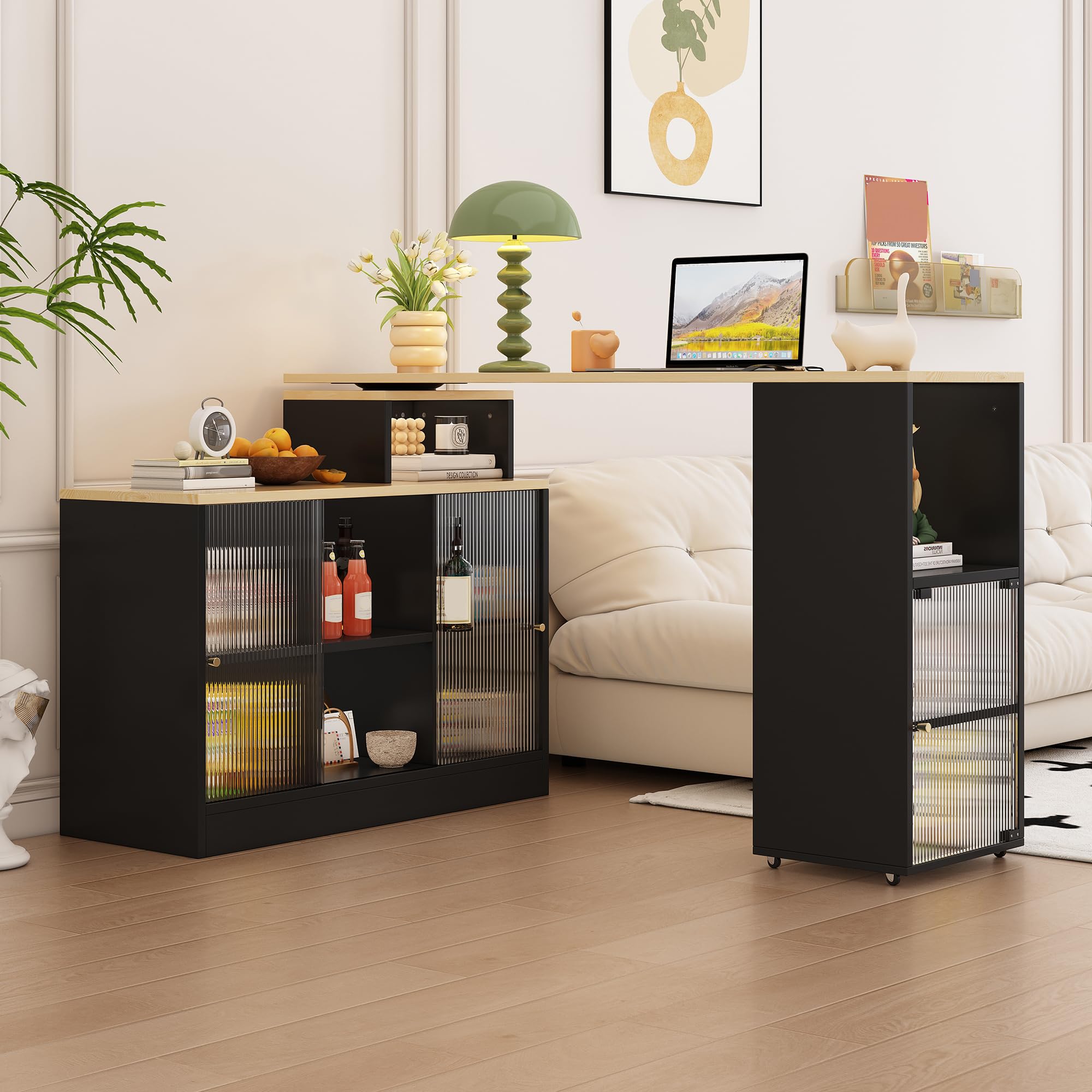 Tavolo da bar allungabile con vano portaoggetti, moderno tavolino girevole da bistrò, funzione credenza, ampio spazio di archiviazione, salvaspazio flessibile per soggiorno, sala da pranzo, cucina