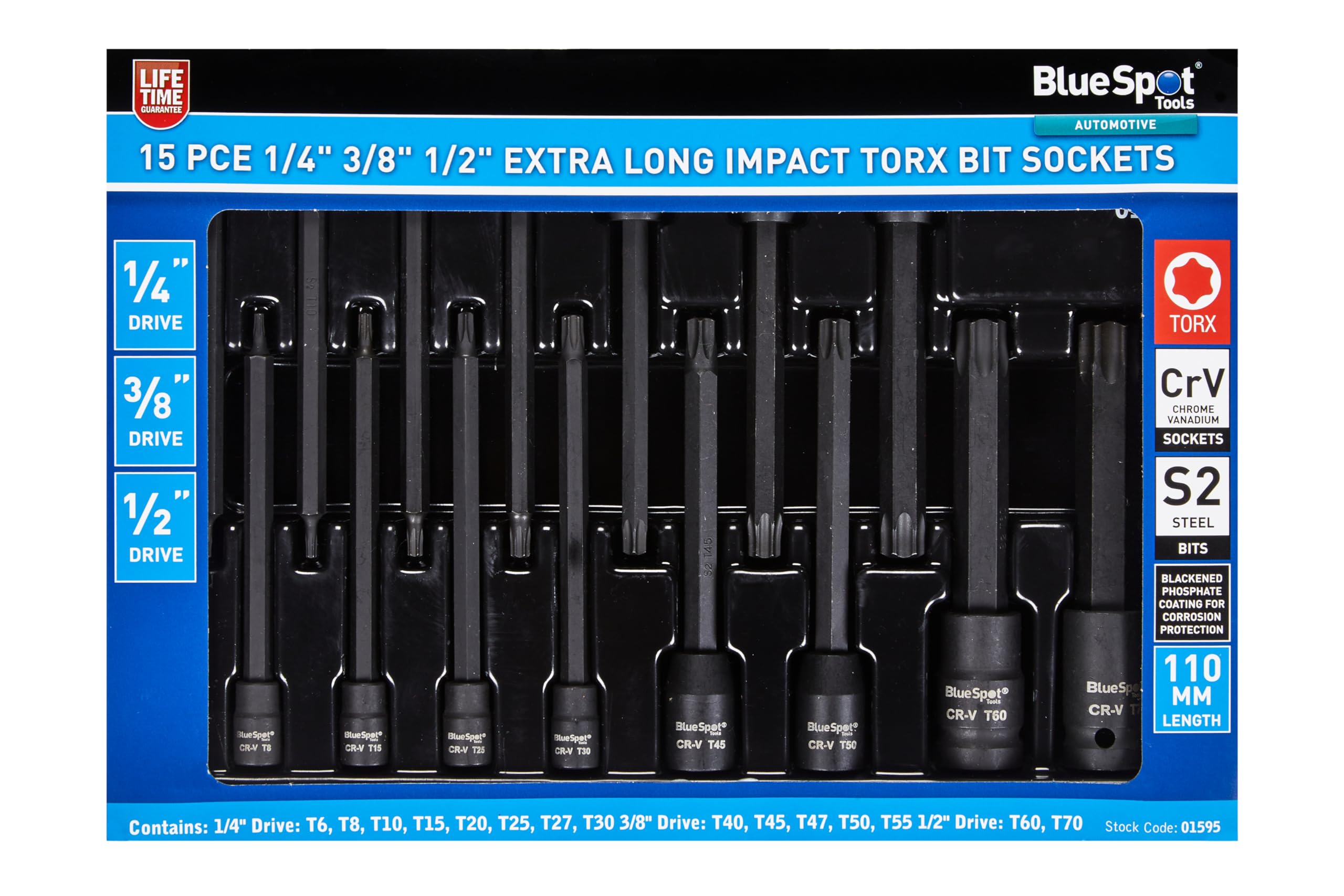 Blue Spot Tools 15 Pce 1/4", 3/8" & 1/2" Extra Long Impact Torx Bits Sockets (T6-T70) 5028734015959