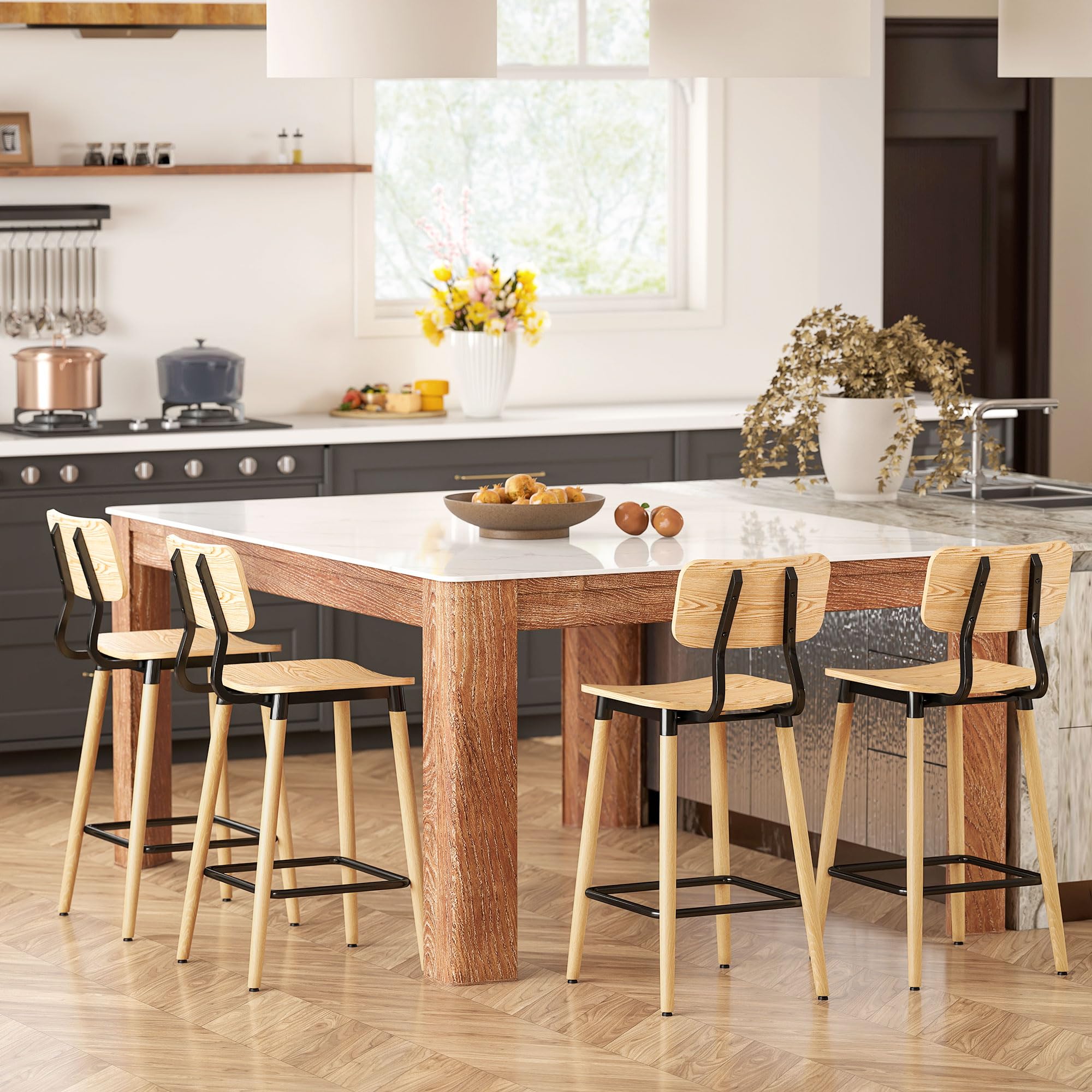 HOMCOM Barhocker 2er Set Barstuhl Tresenhocker mit Rückenlehne und Fußstütze, Küchenstühle mit Stahlbeine für Küche, Wohnzimmer, Esszimmer Natur