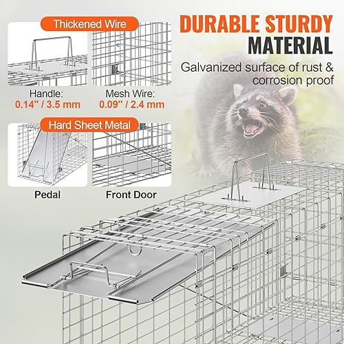 Miniatura 4 de VEVOR Trampa de jaula para animales vivos, 31 x 10 x 12 pulgadas, trampa para gatos humanitarios de hierro galvanizado, trampa plegable para