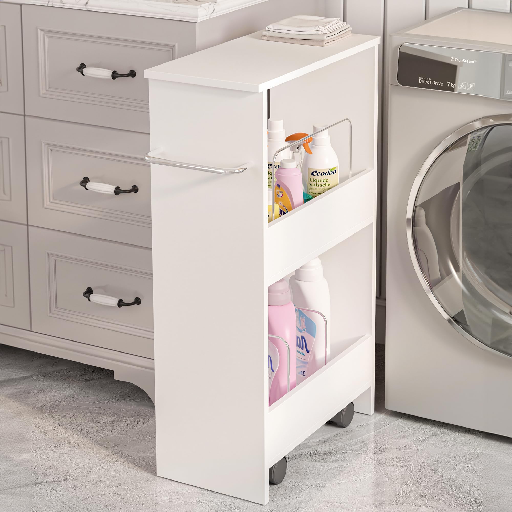 [en.casa] Carrito Auxiliar con Ruedas Katra con Barras Separadoras Mueble Baño de 2 Niveles Carro de Almacenamiento Cocina Fruteros de Cocina MDF 67 x 40 x 20 cm - Blanco