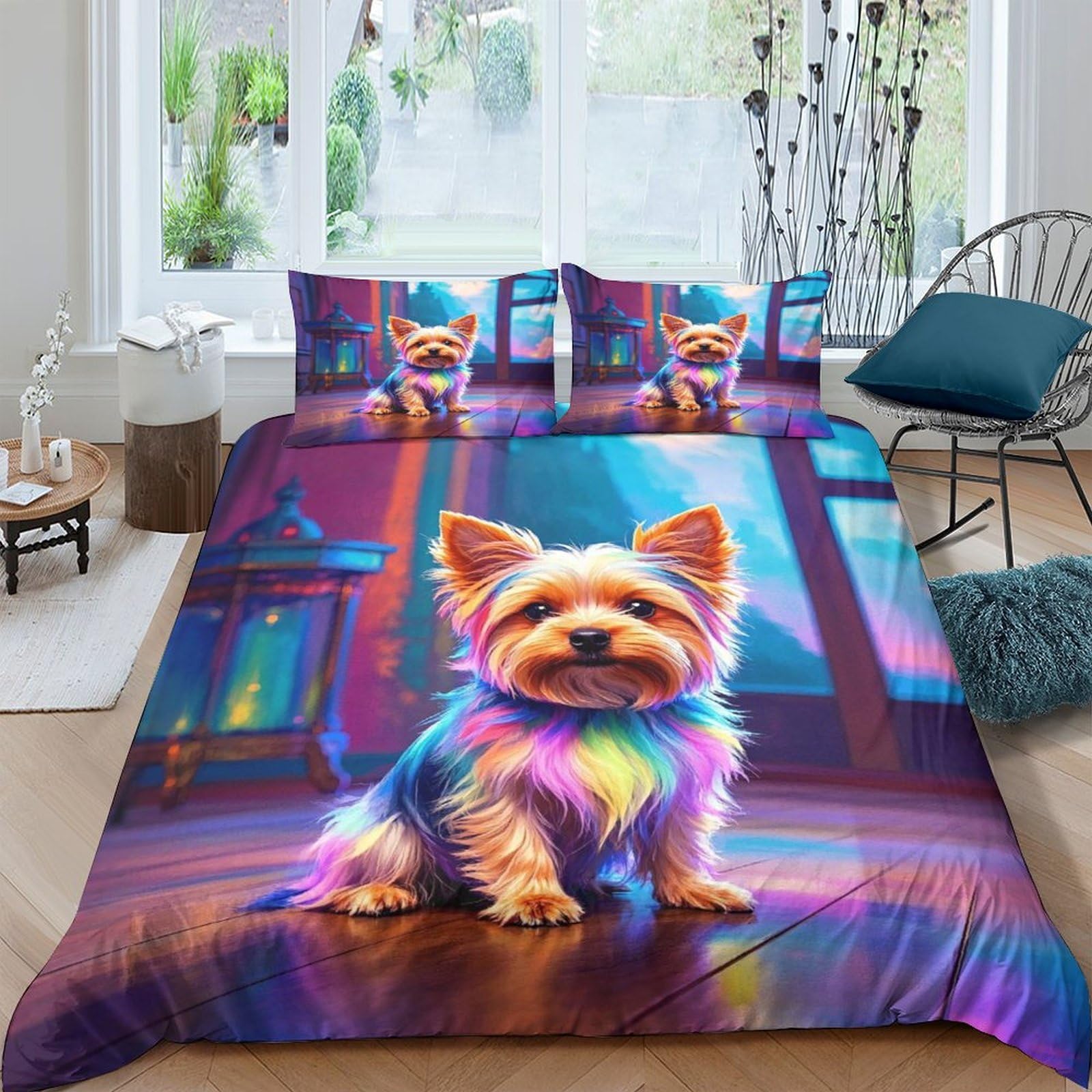 GPLZQXKJNH 3D Printed Colorful Yorkshire Terrier Duvet Cover Set Microfiber Breathable Soft Quilt Cover with 2 Pillowcases for Bedroom Decor Single（135x200cm）