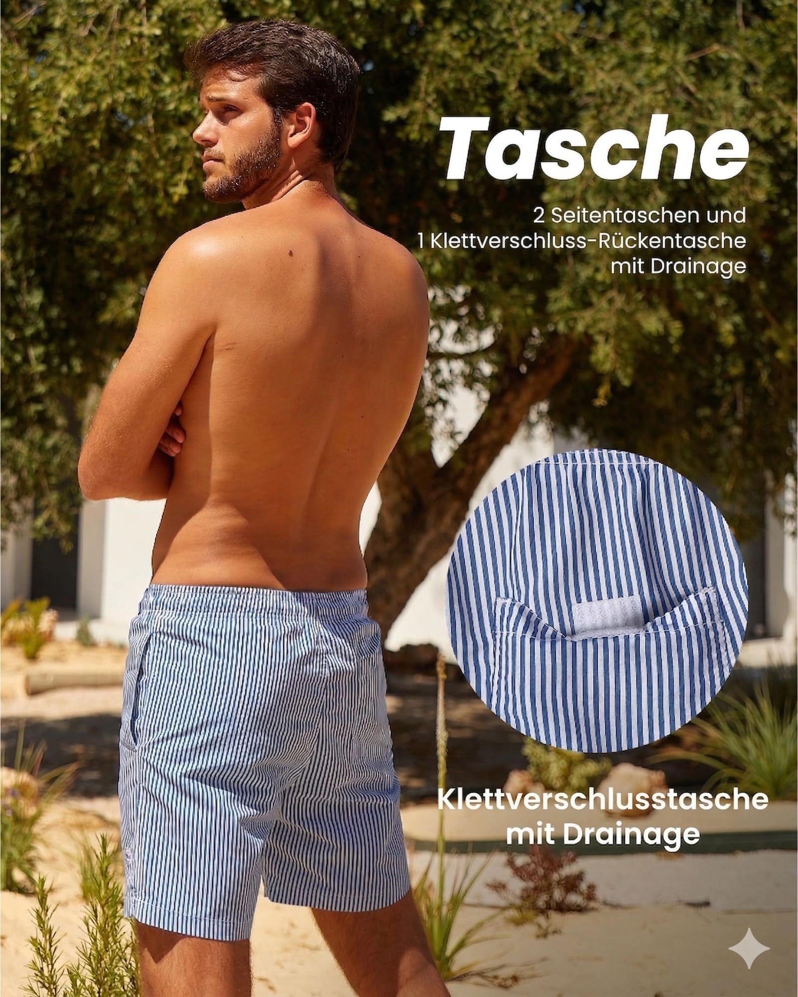 MaaMgic Badehose Herren Badeshorts Männer 18cm Innenlänge Badehosen Für Herren Schnelltrocknend Boardshorts Surfen Strandhose Mit Mesh-Futter Blau Gestreift S