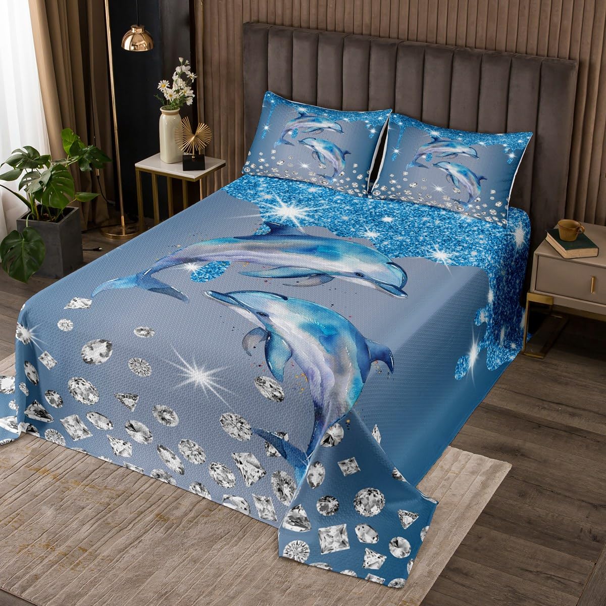 jejeloiu Dolphin Bedspread Twin Size Kids Cute Ocean Animal Quilted Coverlet for Boys Girls Teens Blue Glitter (No Glitter) Coverlet Set Soft Lightweight Microfiber Jumping Dolphins Room Decor