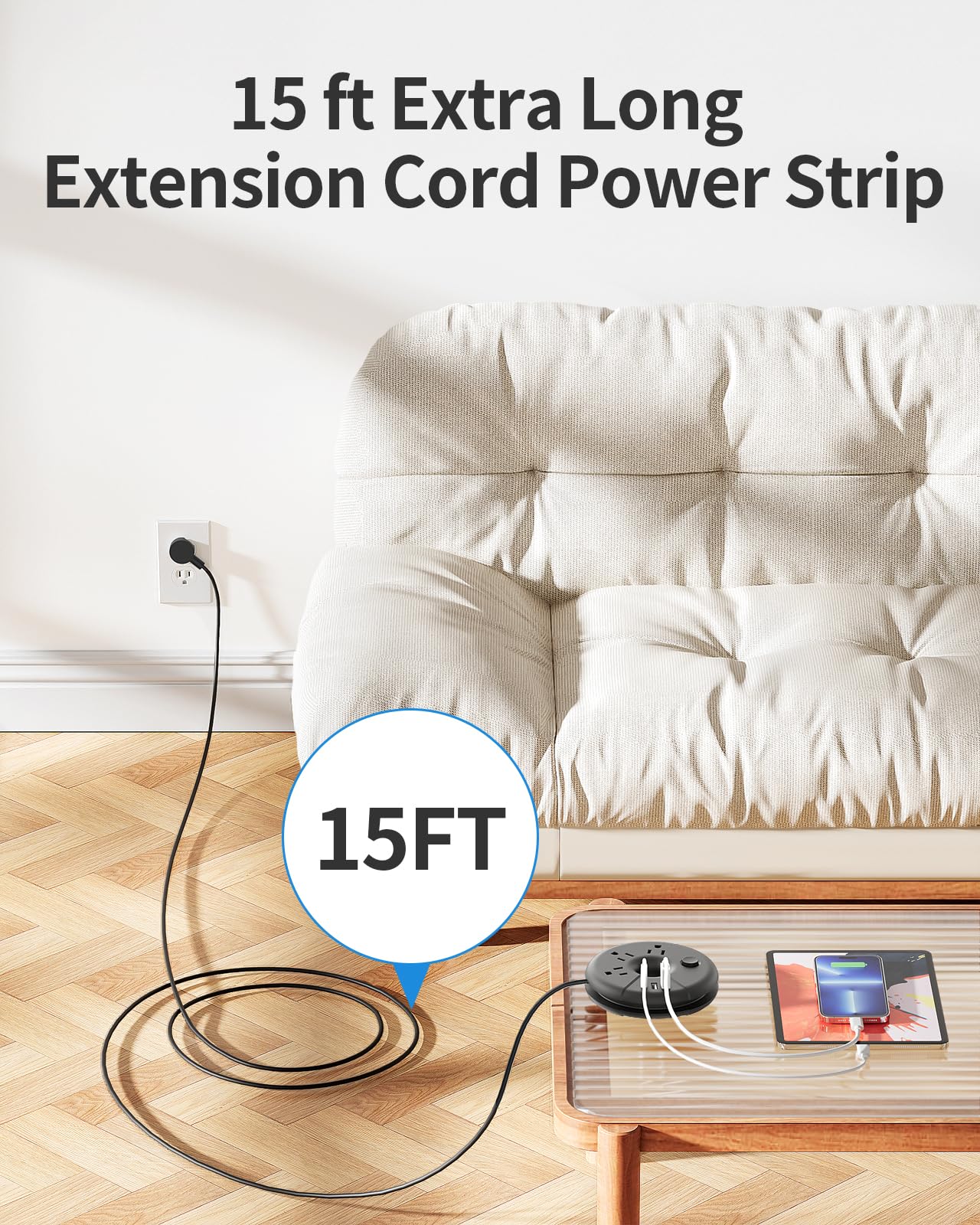 Extra Long Extension Cord 15 ft, NTONPOWER Flat Plug Power Strip with 3 Outlets 3 USB Ports(1 USB C), Flat Plug Extension Cord, Extension Cord with Multiple Outlets for Lndoor, Home, Office, Dorm