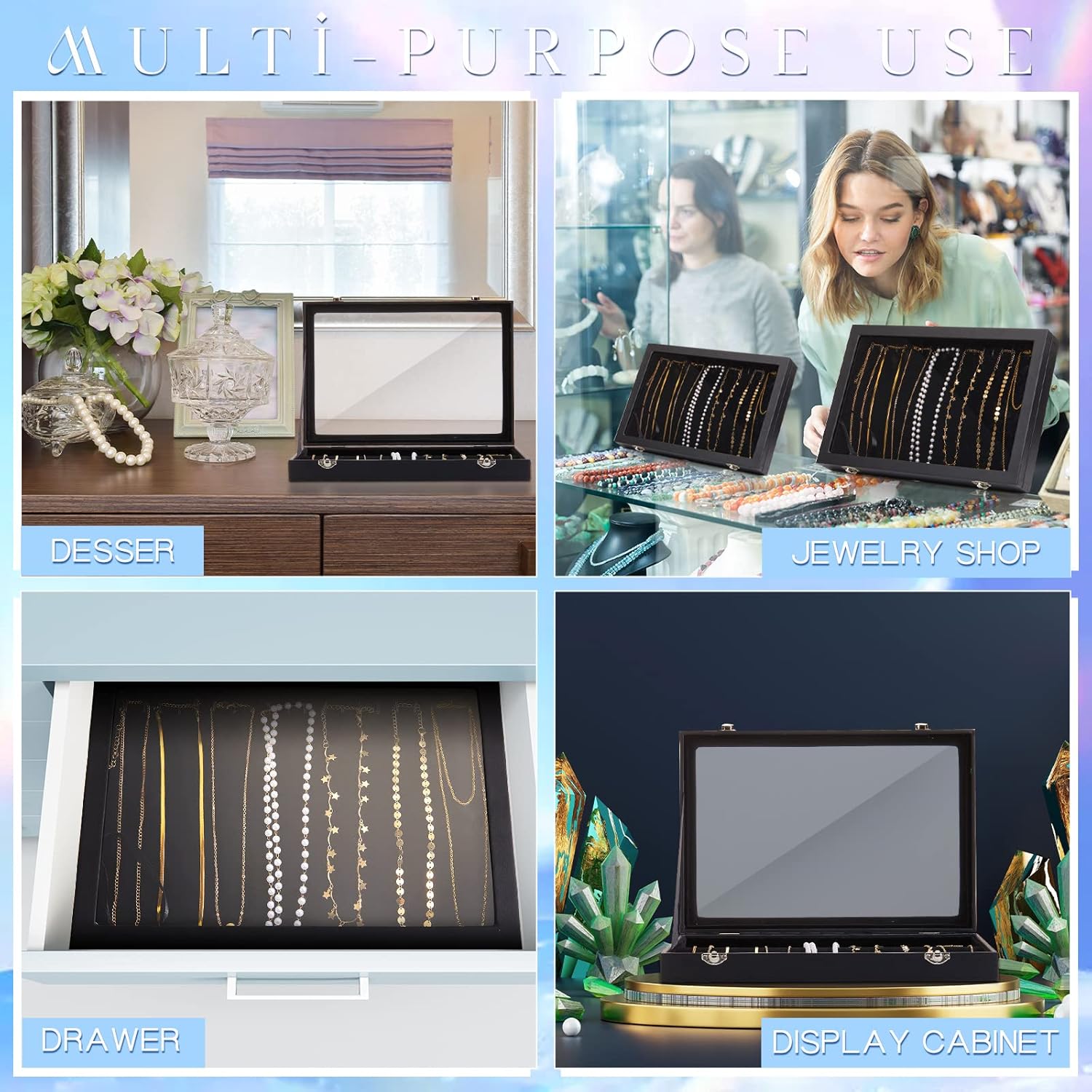 Kenning 2 Pieces Glass Lid Necklace Organizer Box 20 Hooks Necklace Tray Jewelry Holder Organizer Velvet Necklaces Holder Storage Display Case for Show Bracelet