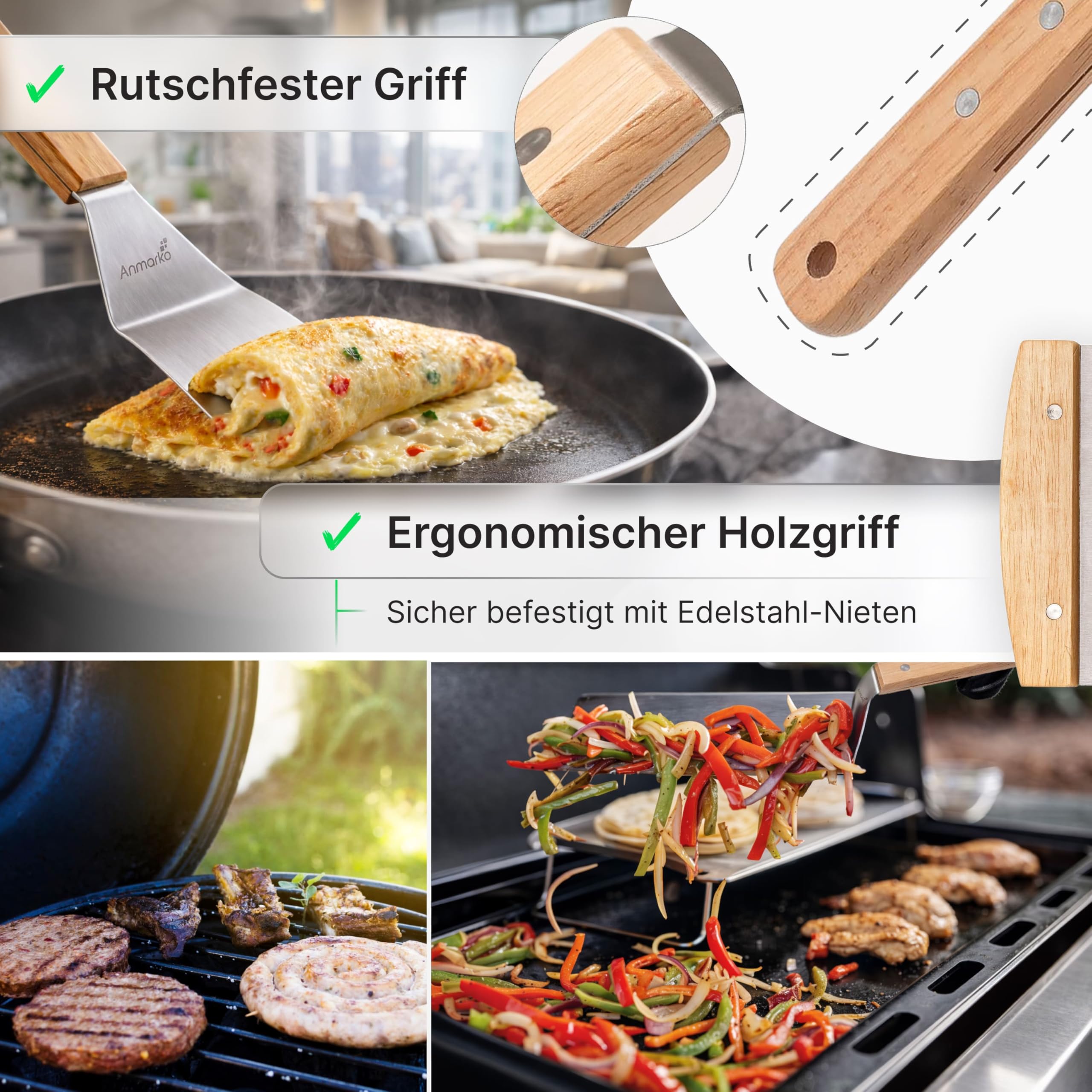 Edelstahl Metall Pfannenwender Set - Grillschaber Flachspachtel Pfannkuchen Flipper Hamburger Pfannenwender - Metall Utensil ideal für BBQ Grill flache Oberseite Gusseisengrill - Zubehör