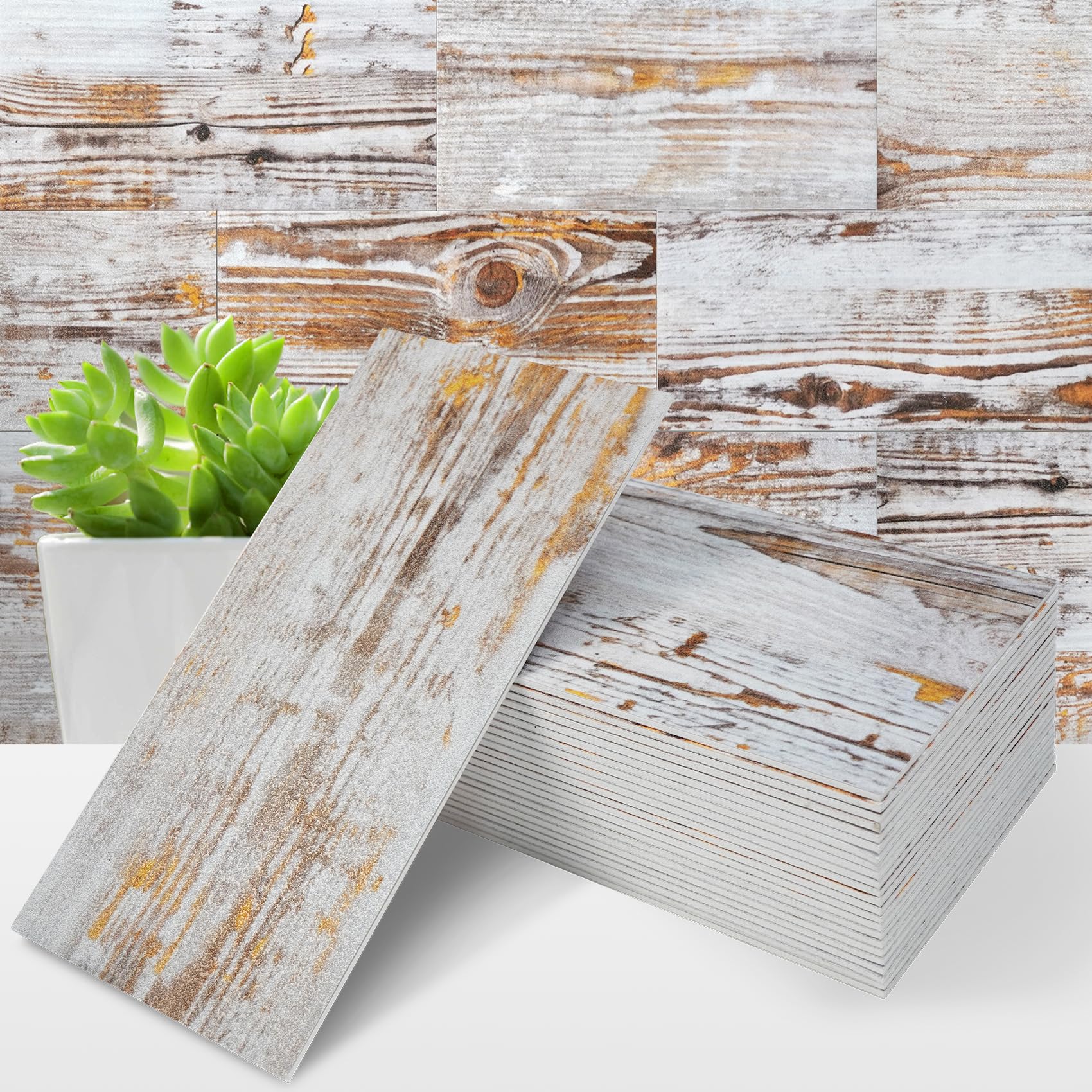 STICKGOO 50-Piece Subway Tile Peel and Stick Backsplash, 4"x 8" Thickened PVC Stick on Tiles for Kitchen, Bathroom, Camper, Fireplace(Yellow Distressed Wood Grain)