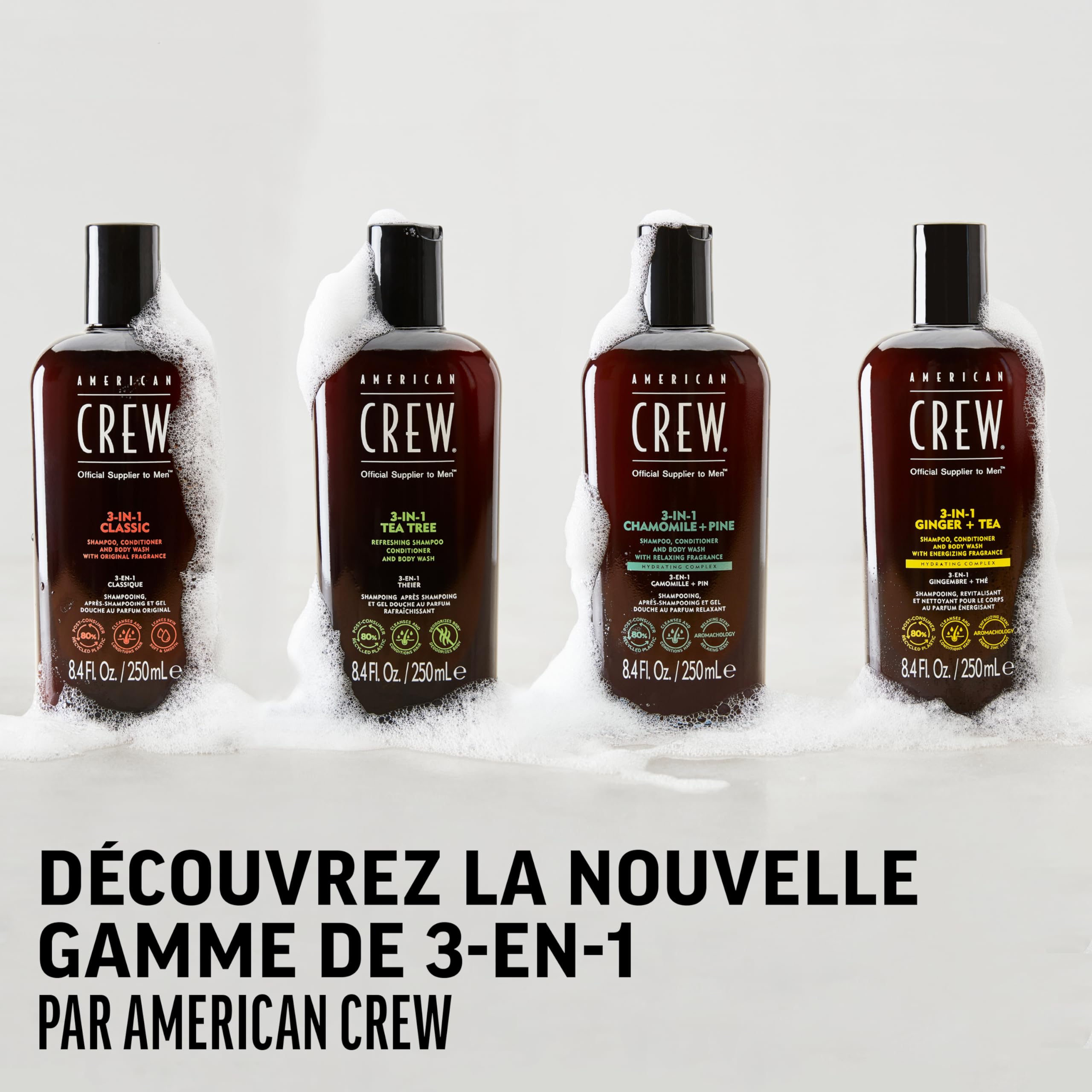 American Crew - Shampoing 3 En 1 - Shampooing, Après Shampoing & Gel Douche pour Cheveux et Corps - Soin Cheveux Revitalisant, Hydratant et Apaisant - Parfum Tea Tree - 100ml