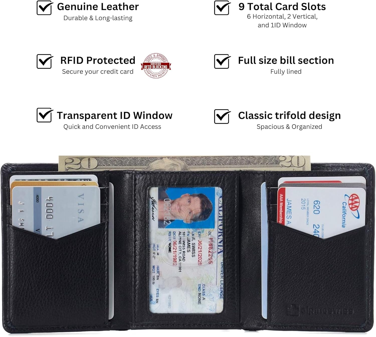 Alpine Swiss Men's Leon RFID Trifold Pocket Wallet – Genuine Leather Wallet for Men, Slim Design with ID Window & Multiple Card Slots, Classic RFID Safe Pocket Wallet in gift box - Image 3