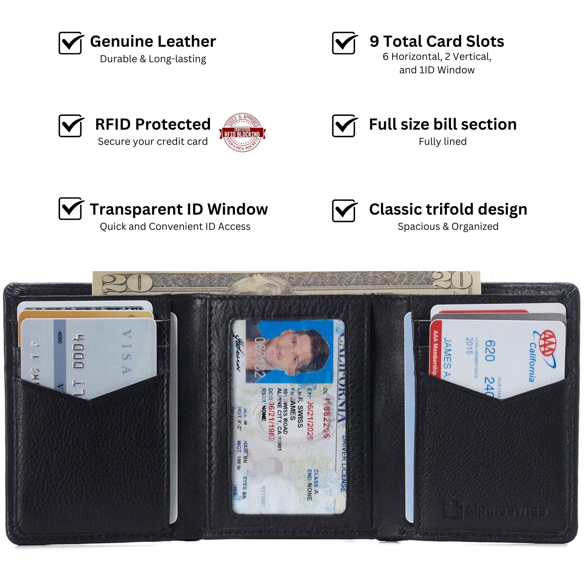Alpine Swiss Nolan Portafoglio Uomo In Vera Pelle Con Protezione RFID - Bifold Con Finestra ID, Confezione Regalo