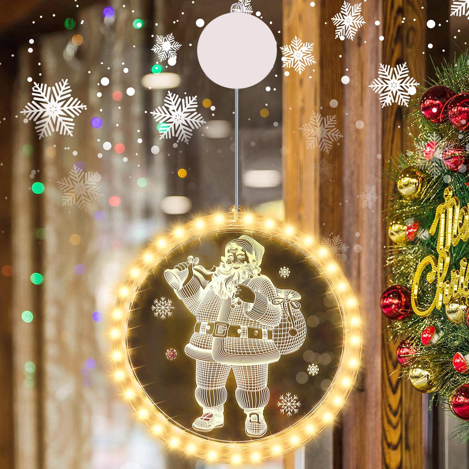 23GUANYI Luces Ventana Navidad con 36 LEDs, Blanco Cálido Santa Claus Luces LED Navidad 3D Colgante Luces Navidad con Pilas para Interior al Aire Libre Luces de la Ventana Decoracion Navidad