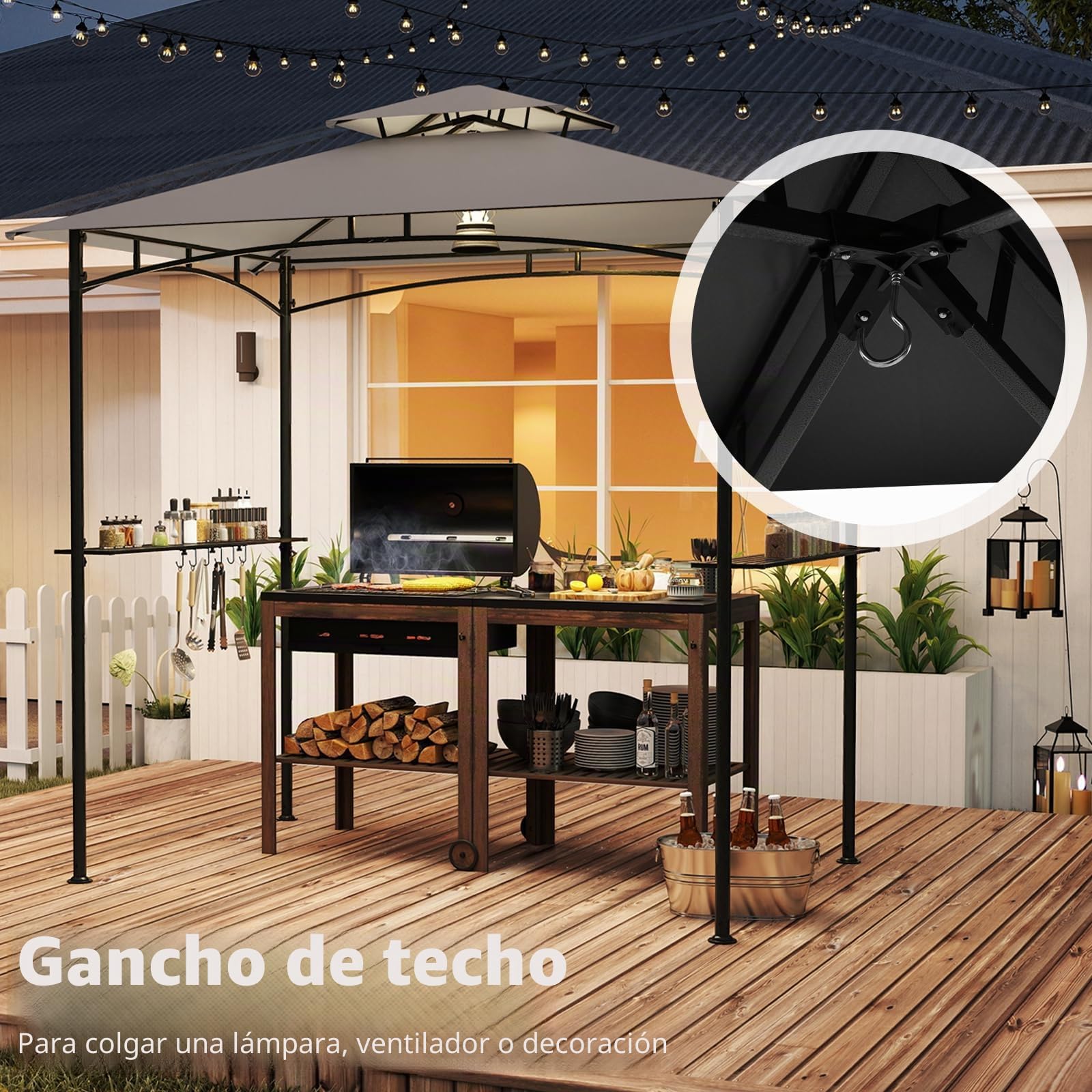 HOMASIS Cenador para Barbacoa con Techo Lateral, Pérgola de Jardín con Doble Techo, 2 Mesas y Ganchos, Carpa Cargada Exterior, Toldo Pergola para Parrilla (Gris + Negro, 242x150x250cm)