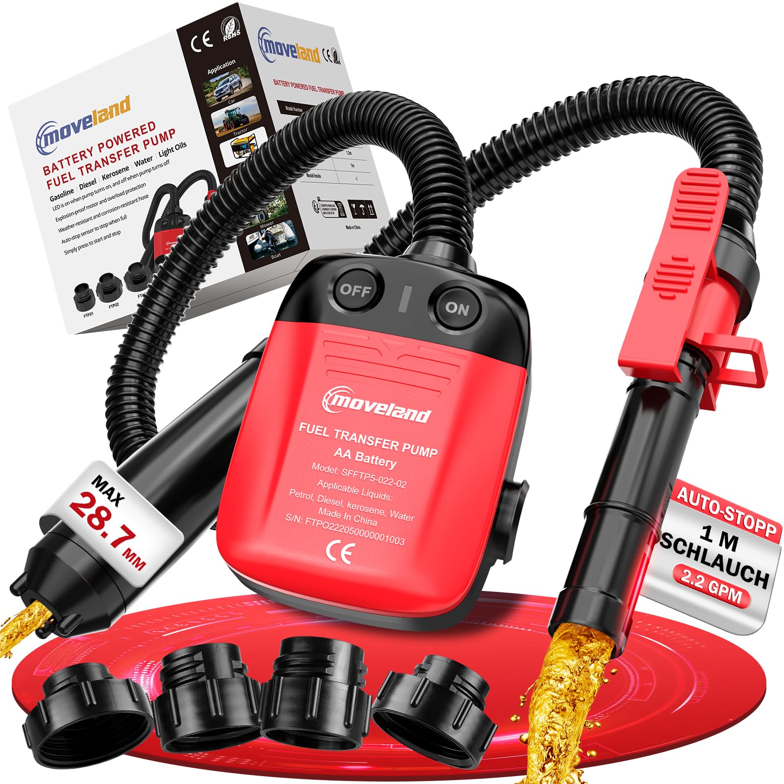 moveland Benzinpumpe Elektrisch - Effiziente und sichere Benzinpumpe Für Kanister - Kraftstoffpumpe mit Überlaufschutzsensor - mit 4 Größenadaptern Schlauch 2.2 GPM für Traktor Generator Rasenmäher