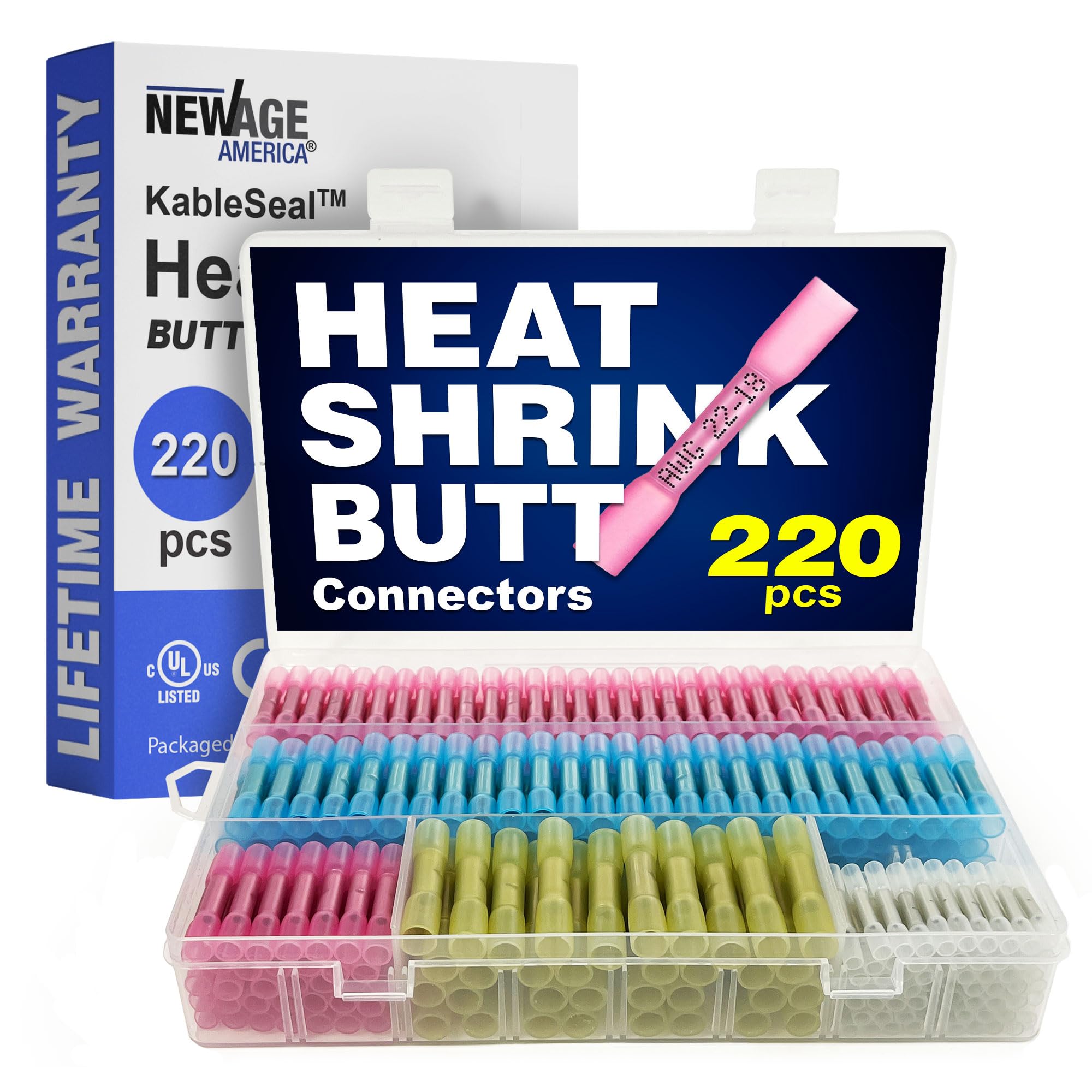 New Age America® 220pcs Heat Shrink Butt Connectors Kit KableSeal™ | AWG 26-10 | Marine Grade Waterproof IP67 | Electrical Crimp Wire Terminals Kit | Heat Shrink Wire Connectors | Tinned Copper | UL