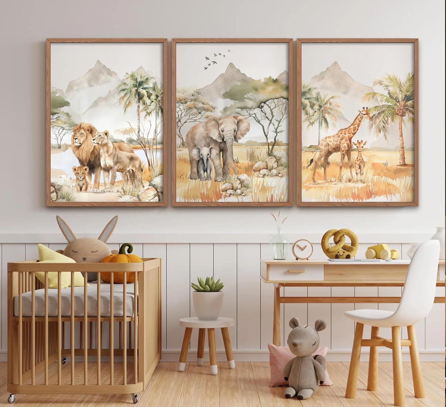 Safari Animals Nursery Wall Art Woodland Animals Nursery Wall Decor Cute Giraffe Elephant Lion Picture Painting Tropical Savanna Poster Print Artwork for Baby Room Boy Room Kids Room Decoration