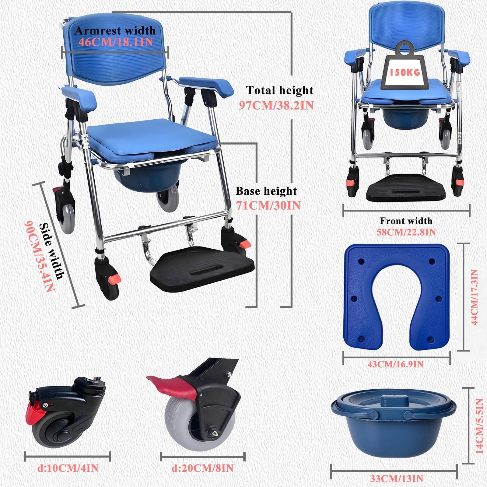 Silla Ducha con Ruedas para Personas Mayores, Azul Silla Ducha Plegable WC Portátil, 4 en 1 Silla con Inodoro Incorporado y 4 Ruedas de Bloqueo para Adultos, Capacidad de 150kg