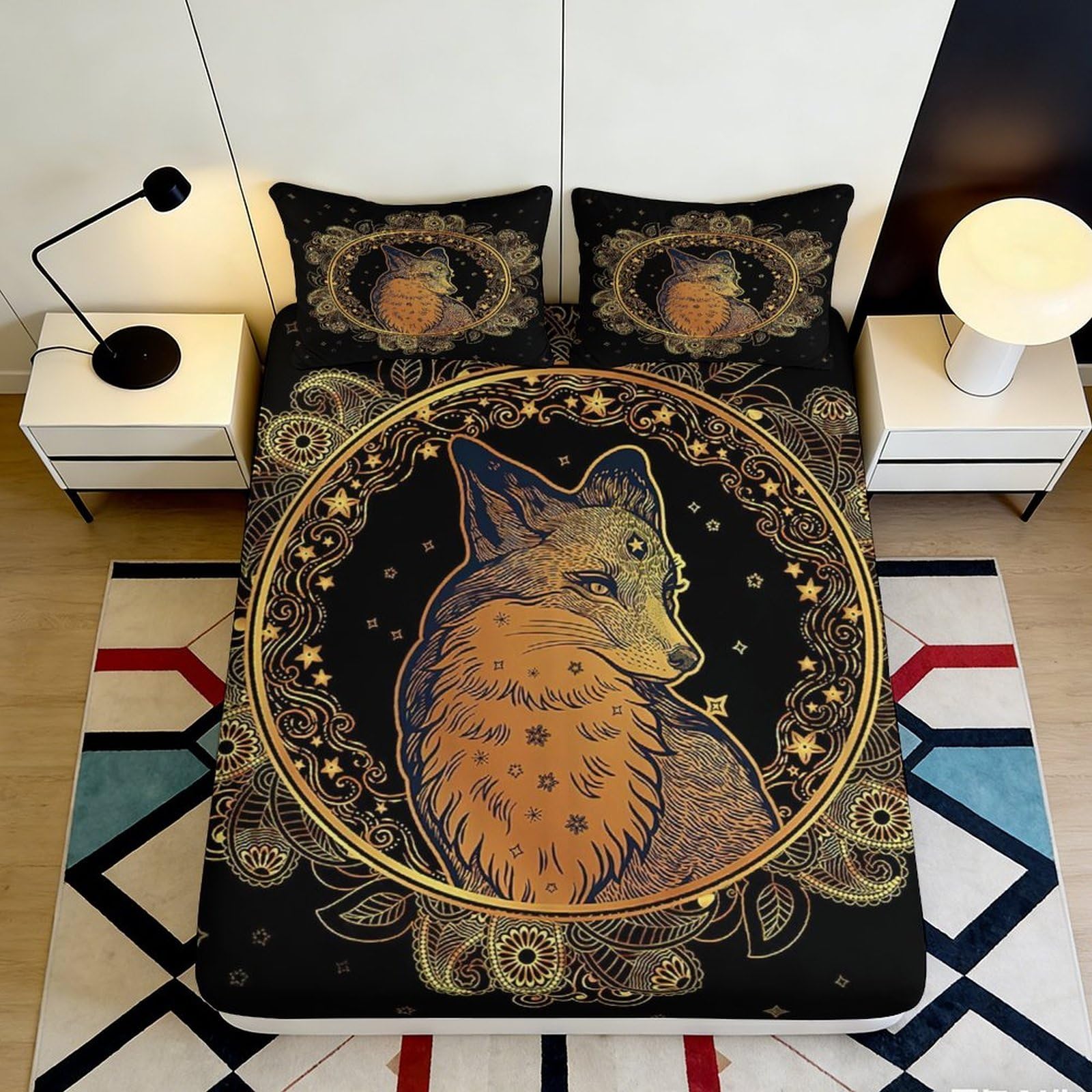 3D Printed Fox Mandala Fitted Sheet Microfiber Soft Anti-Slip Golden Boho Mattress Cover for Bedroom Guest Room Decor 120x200x25cm