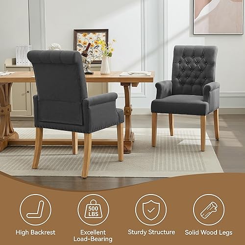 Miniatura 5 de Silla de comedor de tela con brazos, sillas de comedor tapizadas con respaldo alto, sillón decorativo con patas de madera maciza y ribete de cabeza