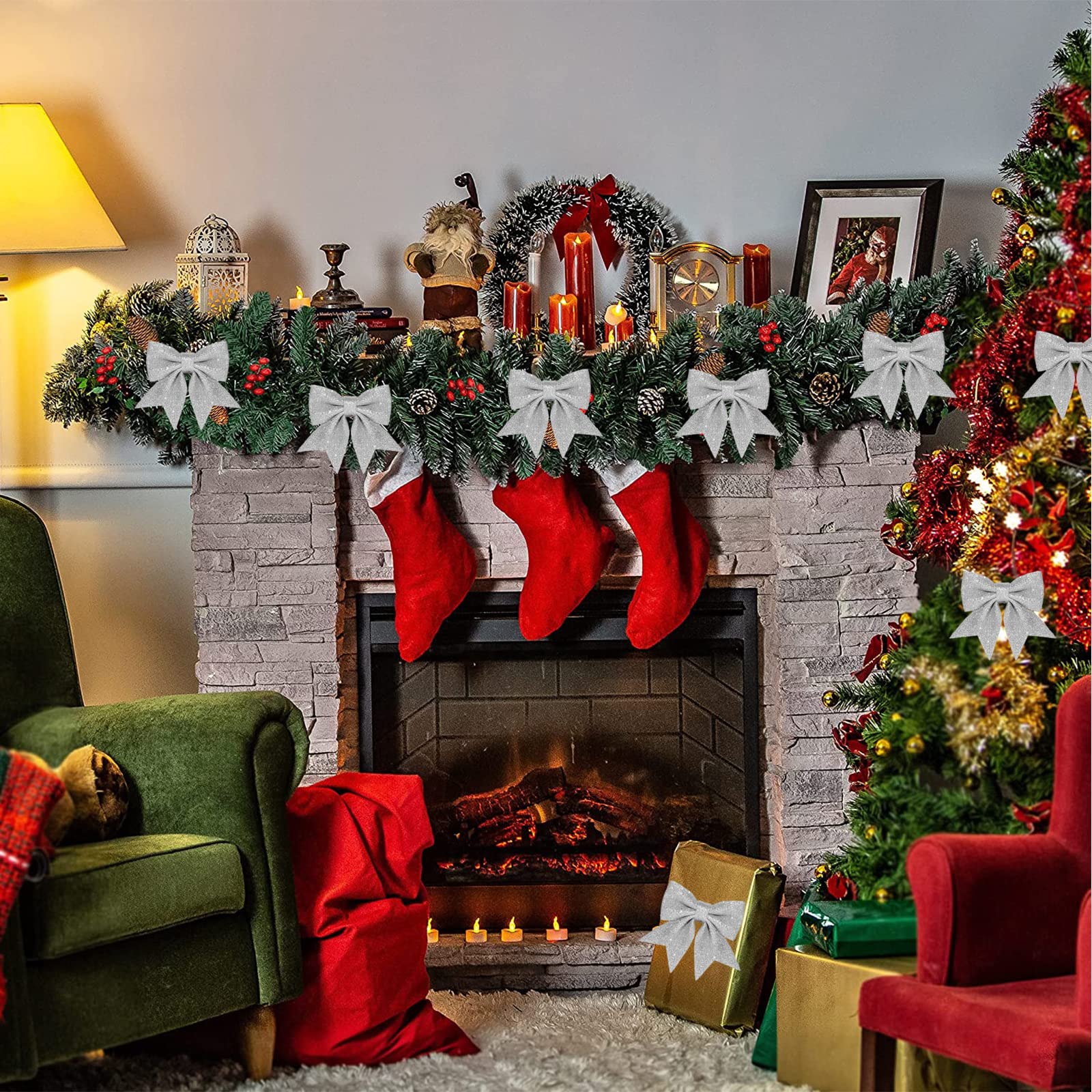 40 Decorazioni Natalizie Argentate - 30 Fiocchi Di Neve Glitter, 5 Pendenti Merry Christmas, 5 Fiocchi, Con Corde Incluse