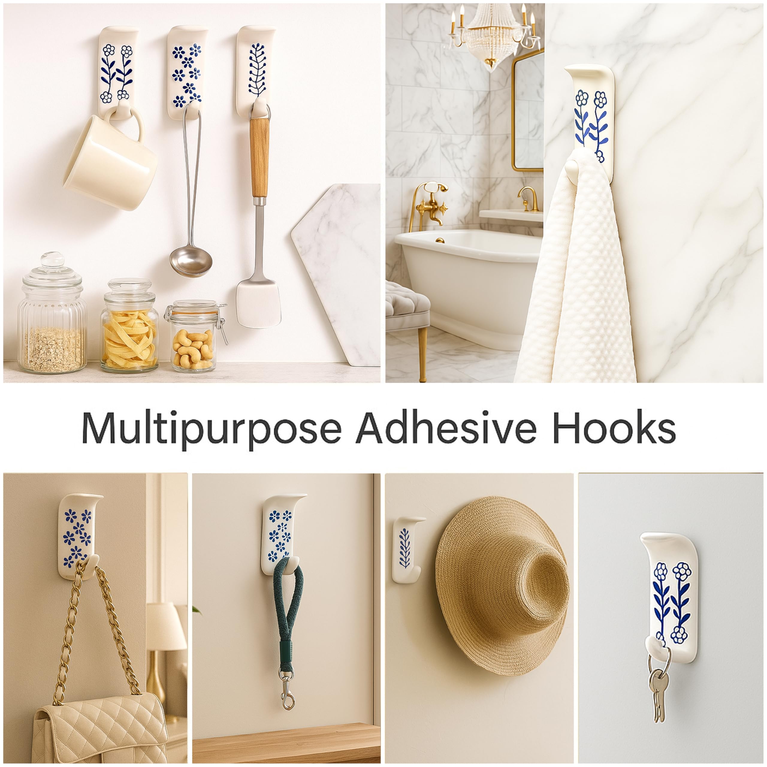 Indian-Shelf 3 Hooks, 6 Strips Boho Decorative Adhesive Hooks for Wall Shower Loofah Holder No Damage Hanging Key Holder Drywall Hooks for Hanging Towel