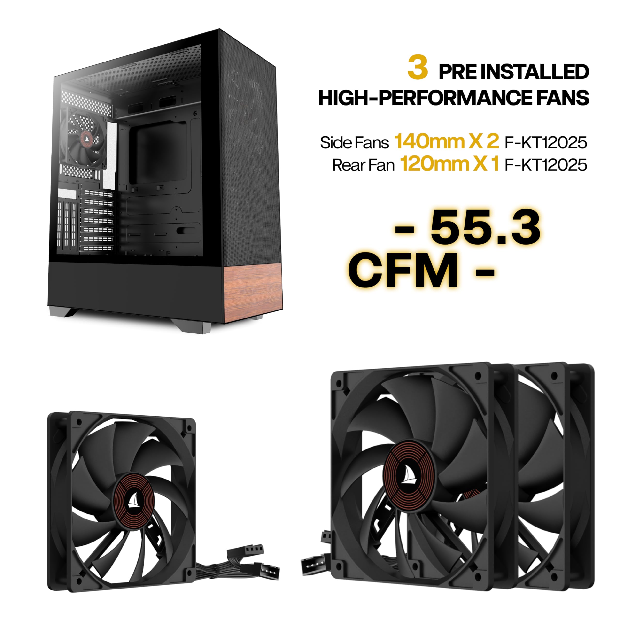 Case per PC Case ATX 3 preinstallata, case per computer Mid Tower con vetro temperato, pannelli in legno di noce stampati, supporto radiatore da 360 mm, custodia da gioco nera (H3)