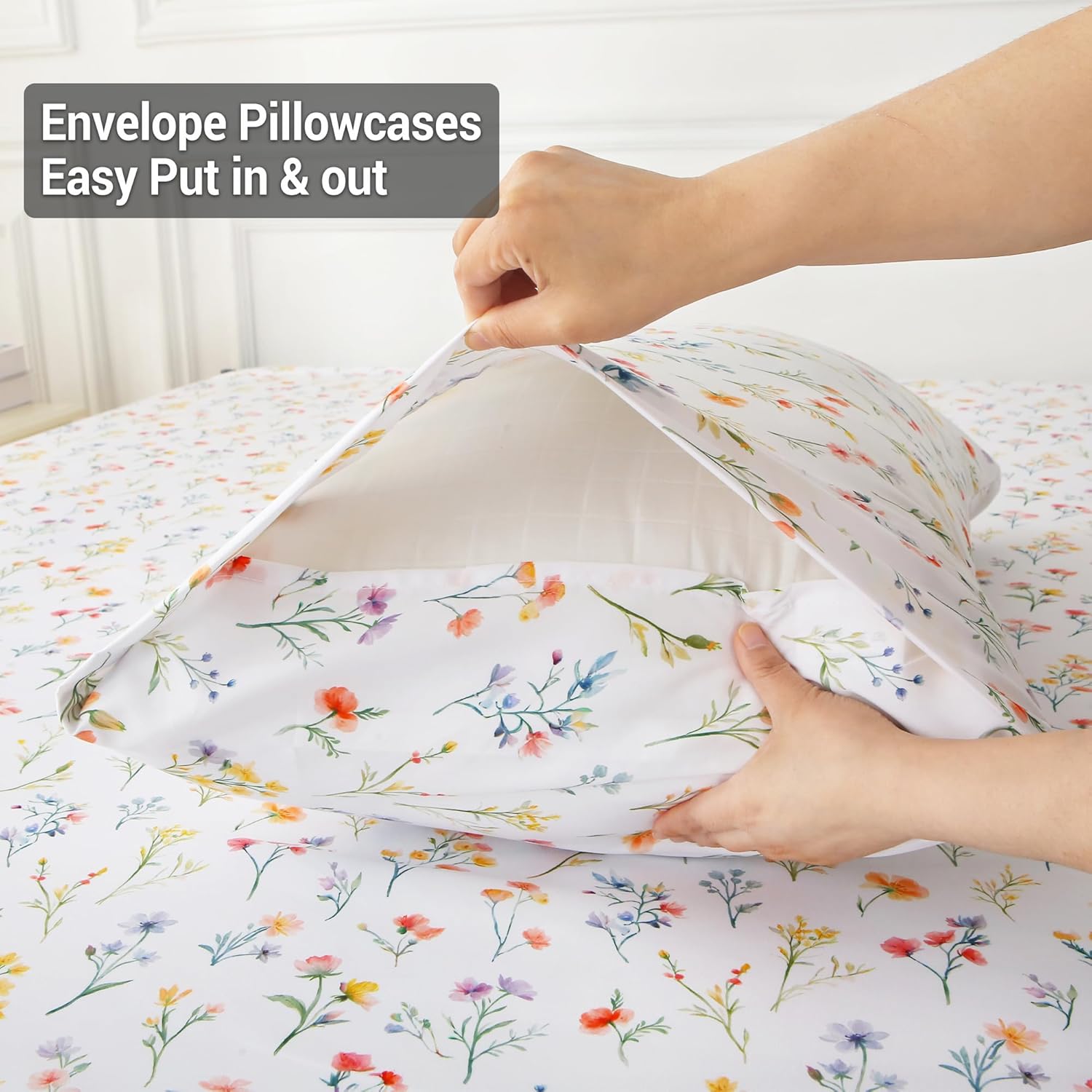 Viviland Floral King Sheet Set - 4 Piece Vintage Botanical Flower and Leaves Patterned Bed Sheets - Soft, Breathable Microfiber Sheets with Deep Pocket, Non-Slip Fitted Sheets & Pillowcases - Image 5