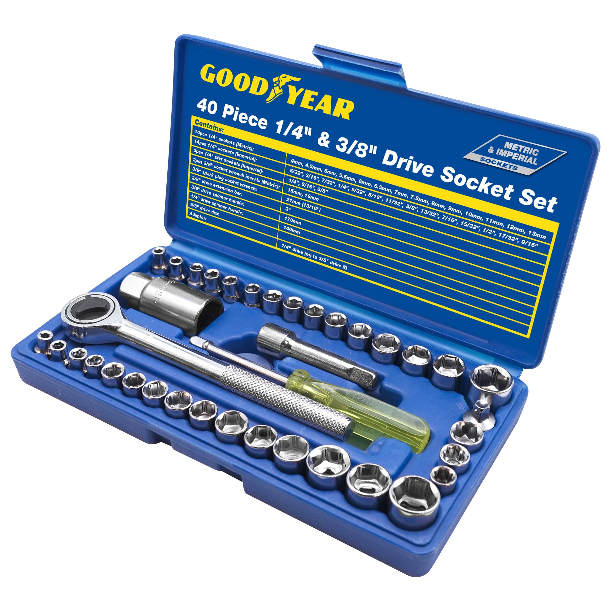Goodyear 40PC 1/4" and3/8 Drive Socket Set Contains Metric, Imperial Sockets, Spark Plug Socket,Spline Sockets,Extra Round Walls, Include Spinner Handle, Ratchet Handle, Extension bar, Adaptor, disc