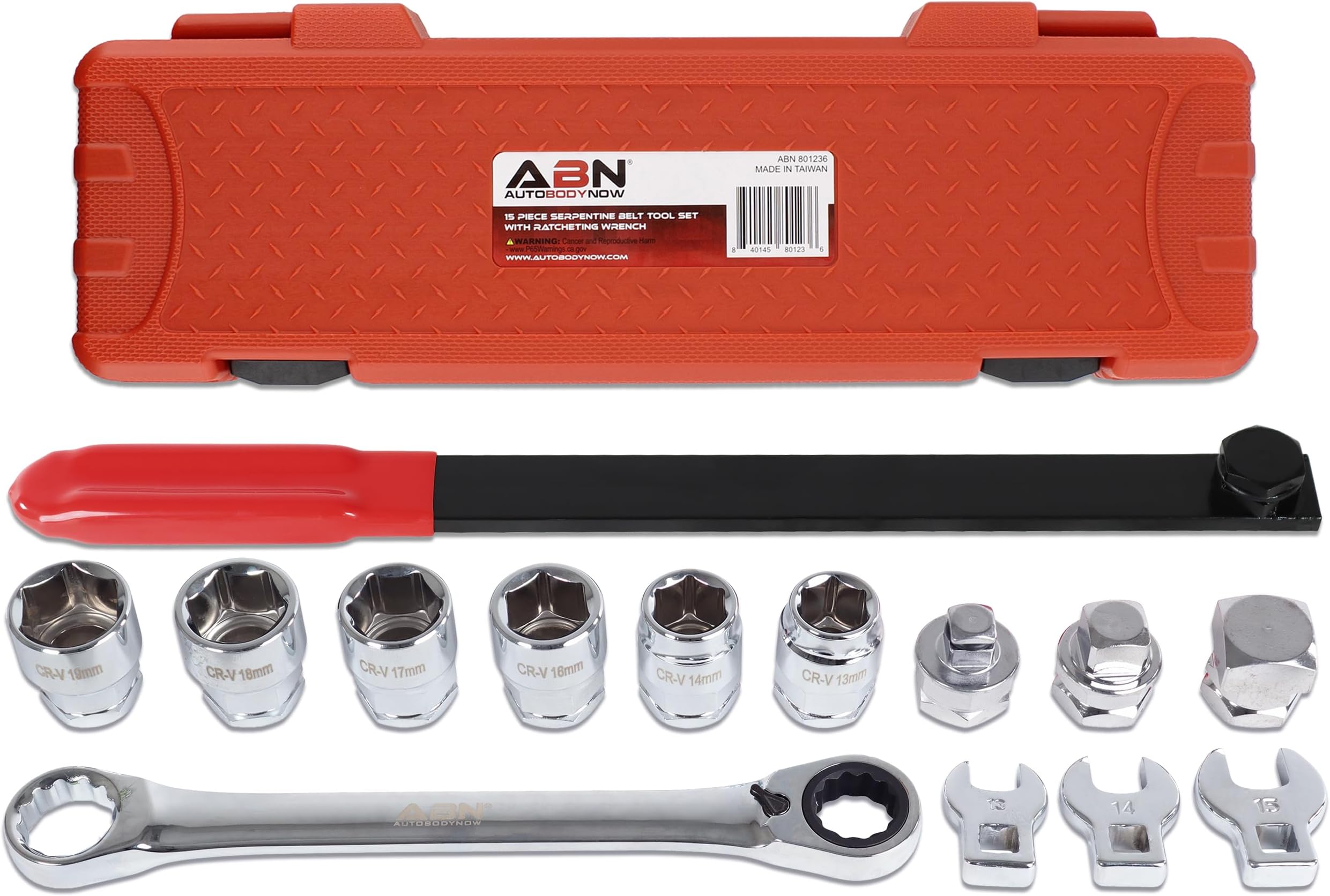 ABN Ratcheting Serpentine Belt Tool Kit 15pc Fan Belt Tensioner Pulley Wrench - 13mm to 19mm Sockets, Adapters, Wrenches