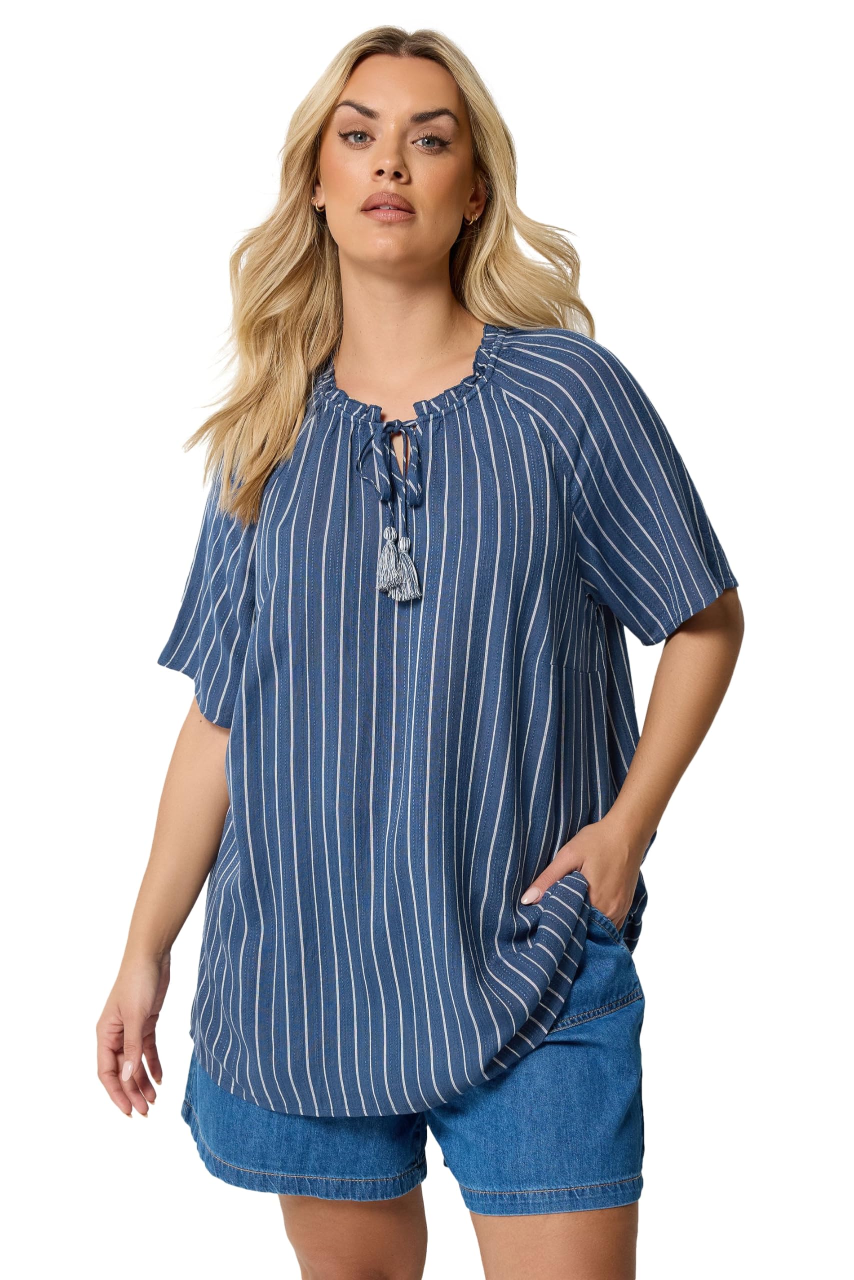 Yours Women's Mid Navy Stripe Notch Neck Embroidered Blouse In Size 18