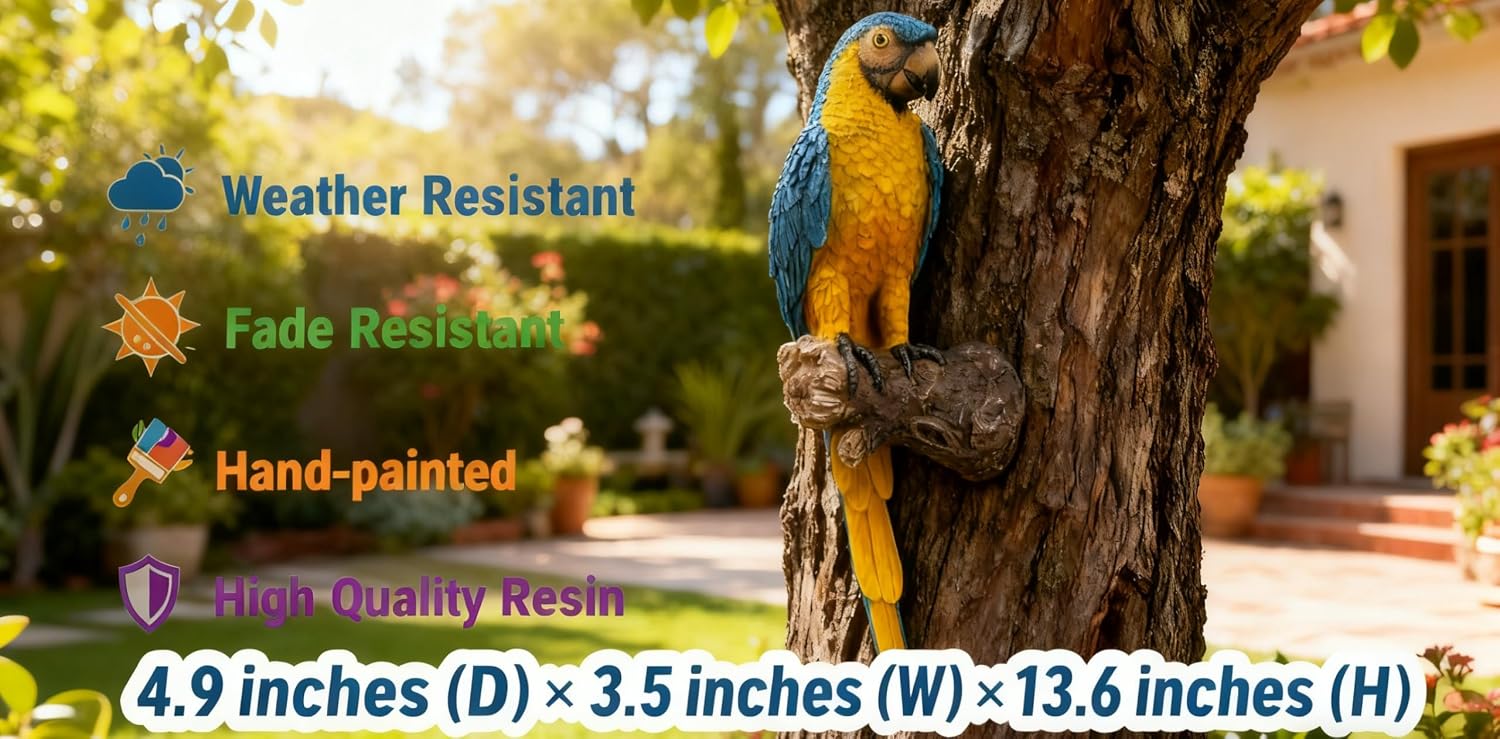 Tropical Parrot Statues Hanging Decor,13.6''(H) Wall Decor Parrot Sculpture for Home Porch Patio Door,Resin Macaw Statue Outdoor Garden Yard Tree Art Ornaments(Blue-and-Yellow)