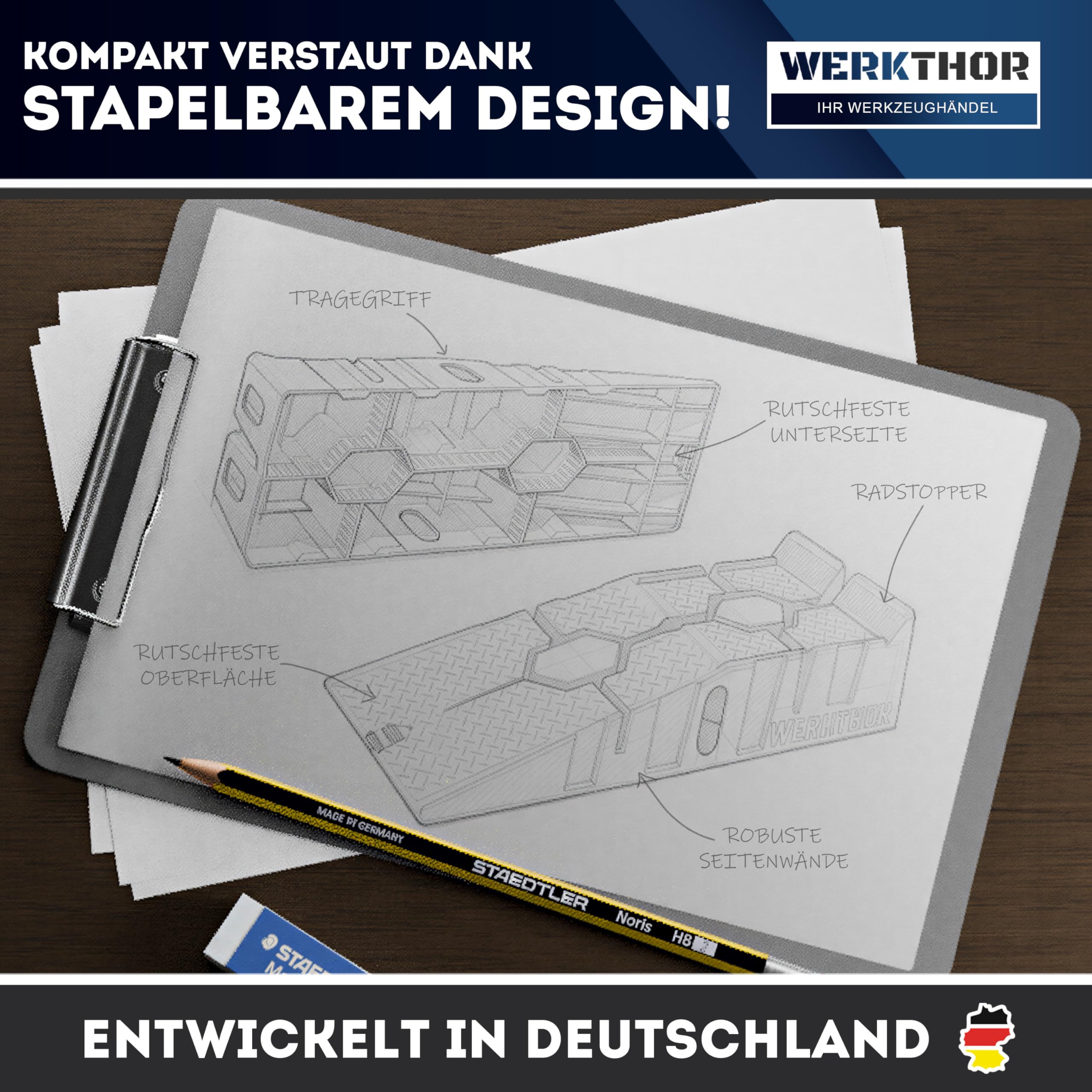 WERKTHOR Auffahrrampe PKW - [2er Set] Auffahrrampen für Maximalen Halt - Robuste Hebebühne Auto für Jeden Untergrund [2,5T] - Perfekt für Fahrzeuge (bis 2.500 kg) - HDPE-Kunststoff