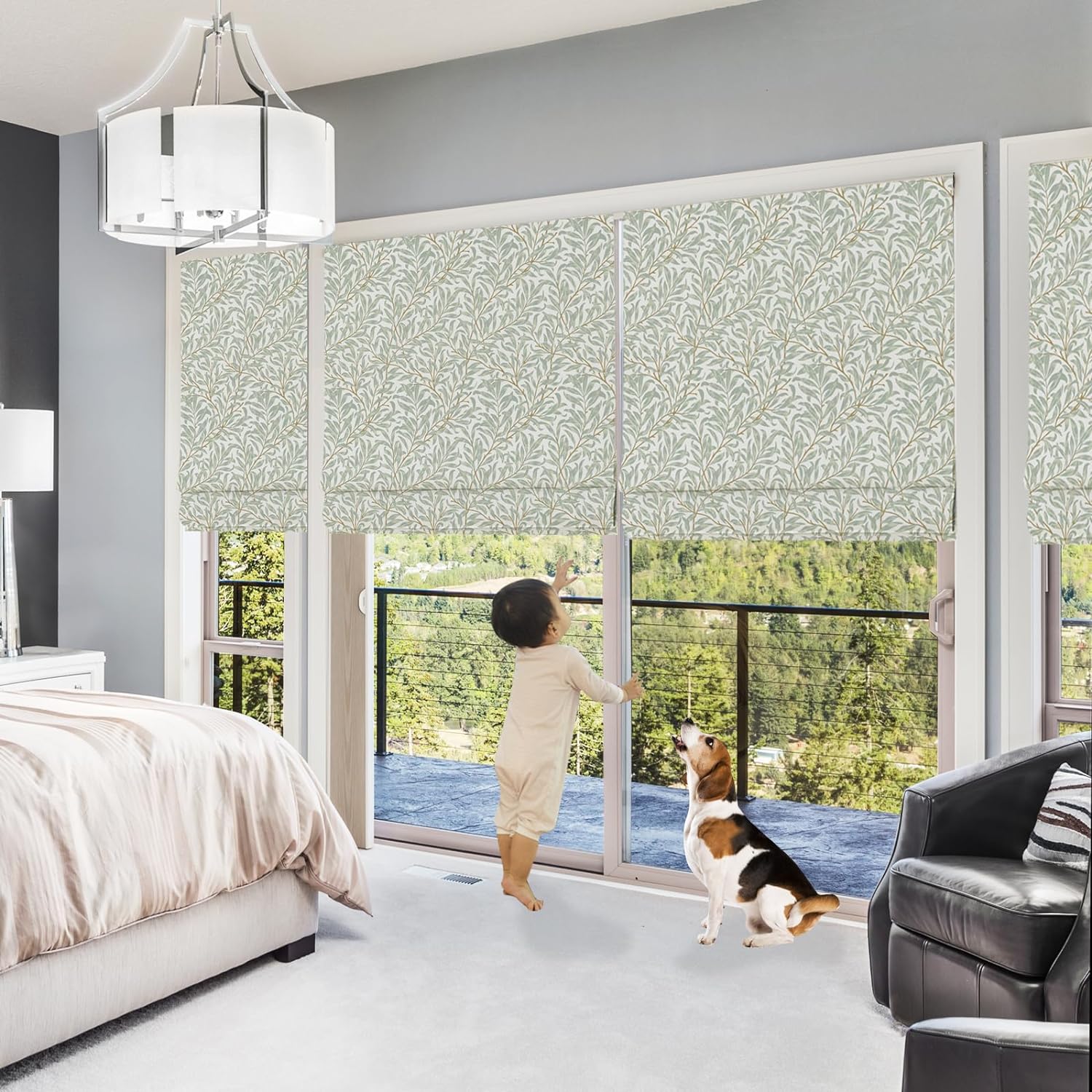 Cordless Floral Roman Shades, Green Leaf Customized Window Shades,Light Filtering Premium Blackout Roman Blinds, Washable Fabric Roman Shades for Windows, French Doors, Doors, Kitchen Windows