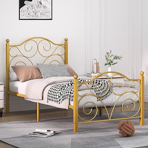 Miniatura 69 de VECELO Base de cama tamaño individual con cabecero y estribo, soporte de listones de metal resistente, base de colchón de plataforma, no necesita