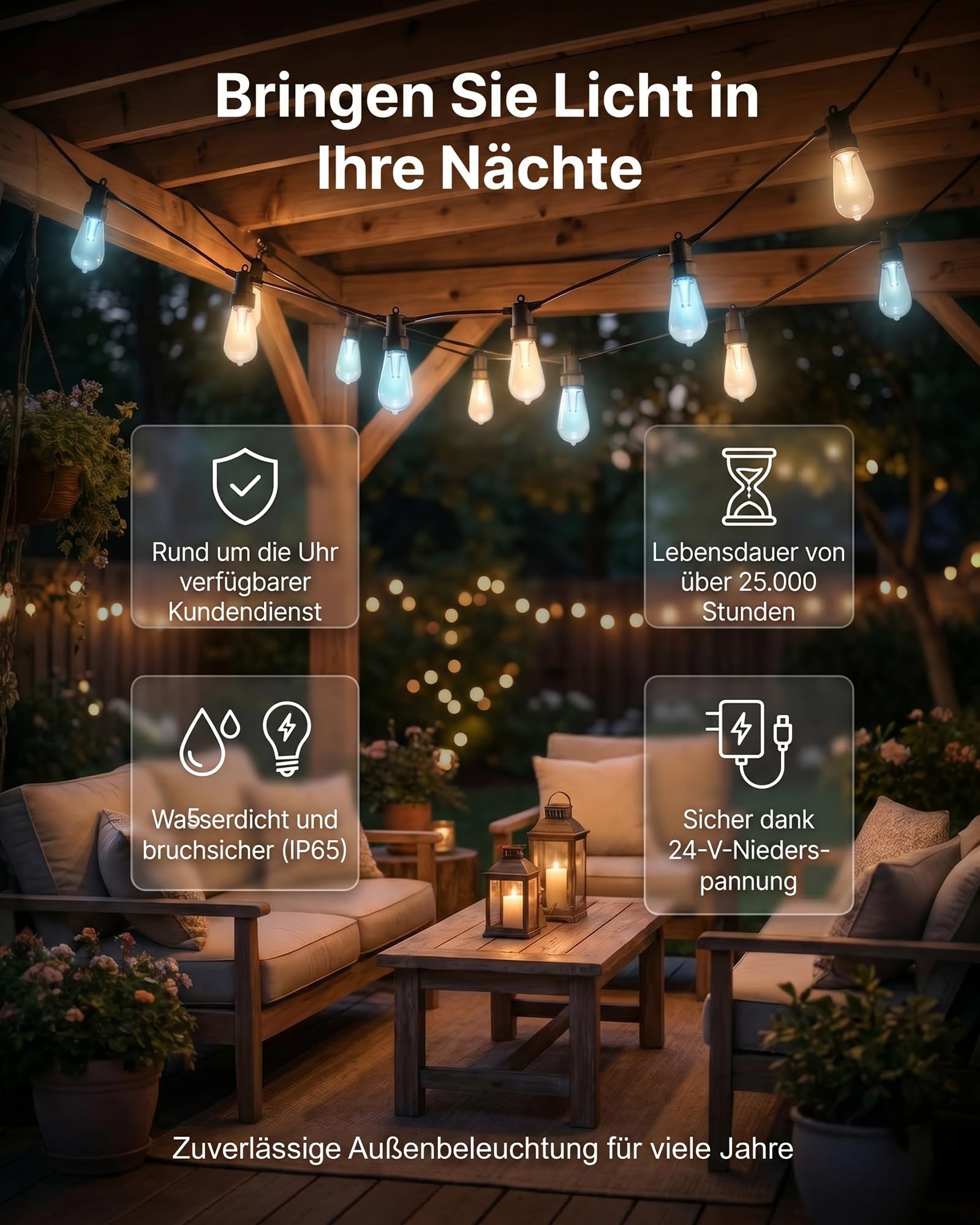 LED Lichterkette Außen ST48 15 m mit 20 LED-Lampen, LotusLamp X App & Fernbedienung, RGB Farbwechsel, IP65 Wasserdicht, Erweiterbar, LED Außenbeleuchtung für Garten, Terrasse & Balkon（50FT）