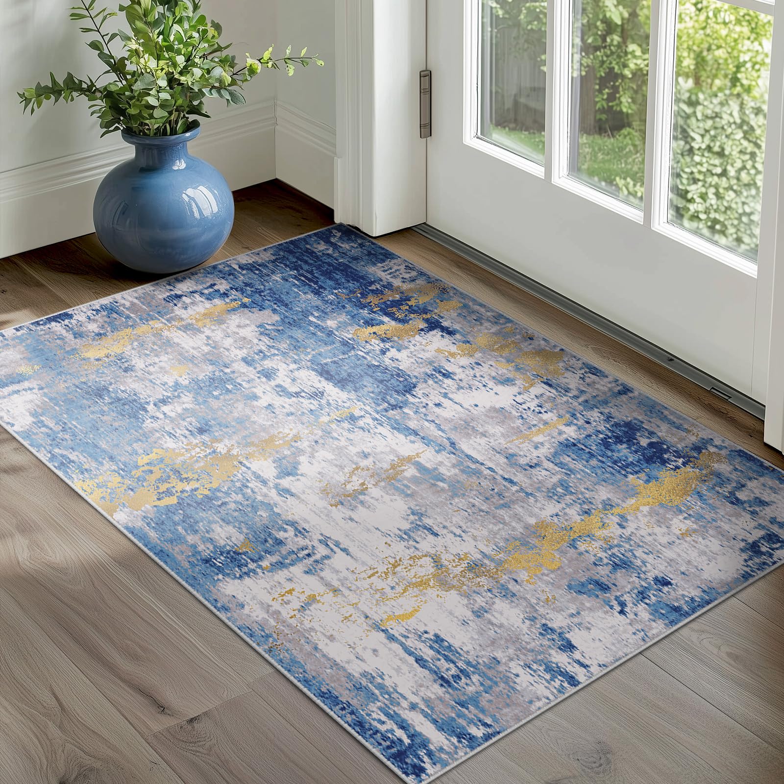 Washable Area Rugs 2'x3' Non-Slip Modern Abstract Soft for Living Room Entryway Bedroom Nursery, Print Pattern, Grey Blue Gold/Golden