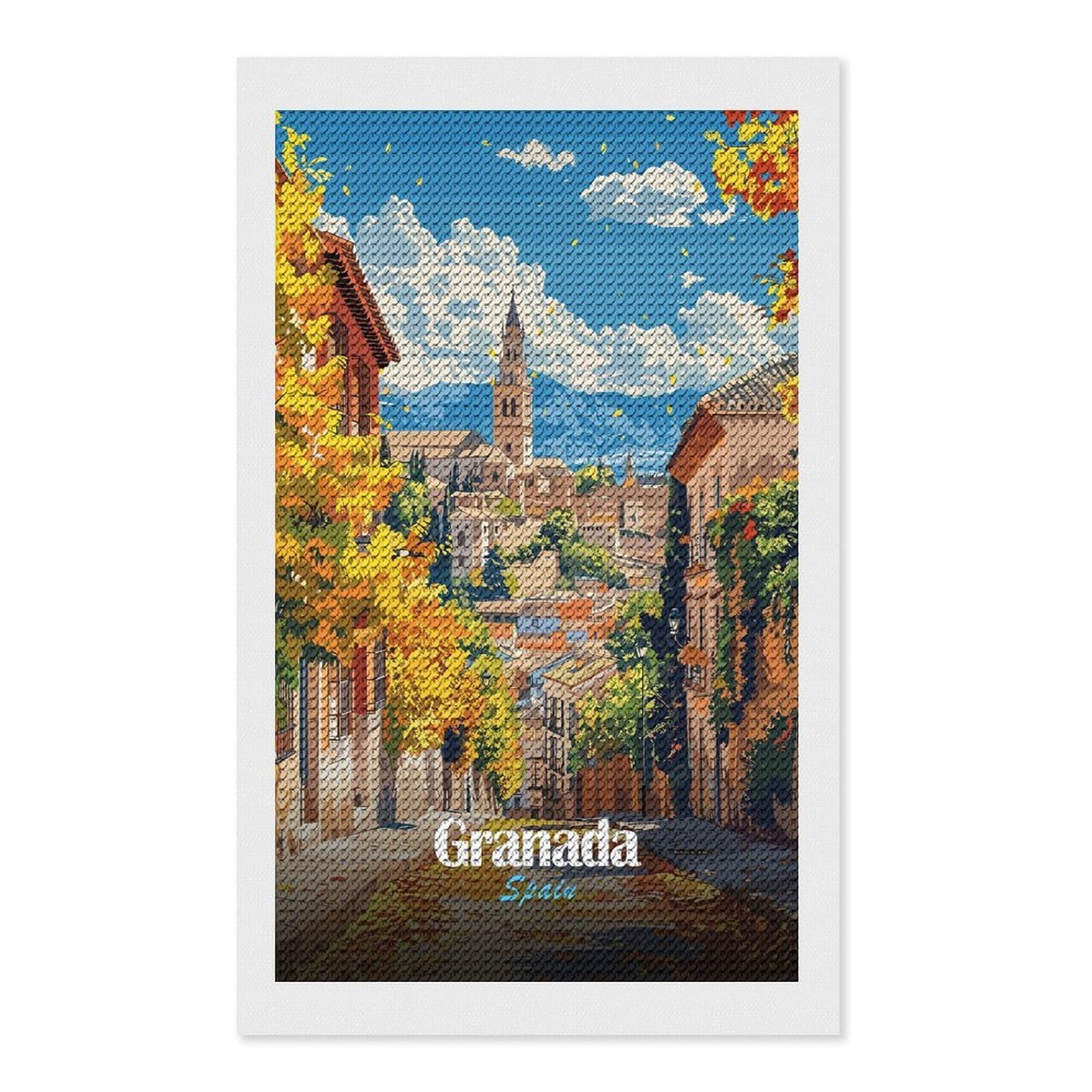 Junmoney Granada, Spain, Autumn Cityscape Diamond Art Kit 12"x20", Modern Decor, for Adults, Printed Canvas, Holiday Gift Idea, Fun Craft Experience