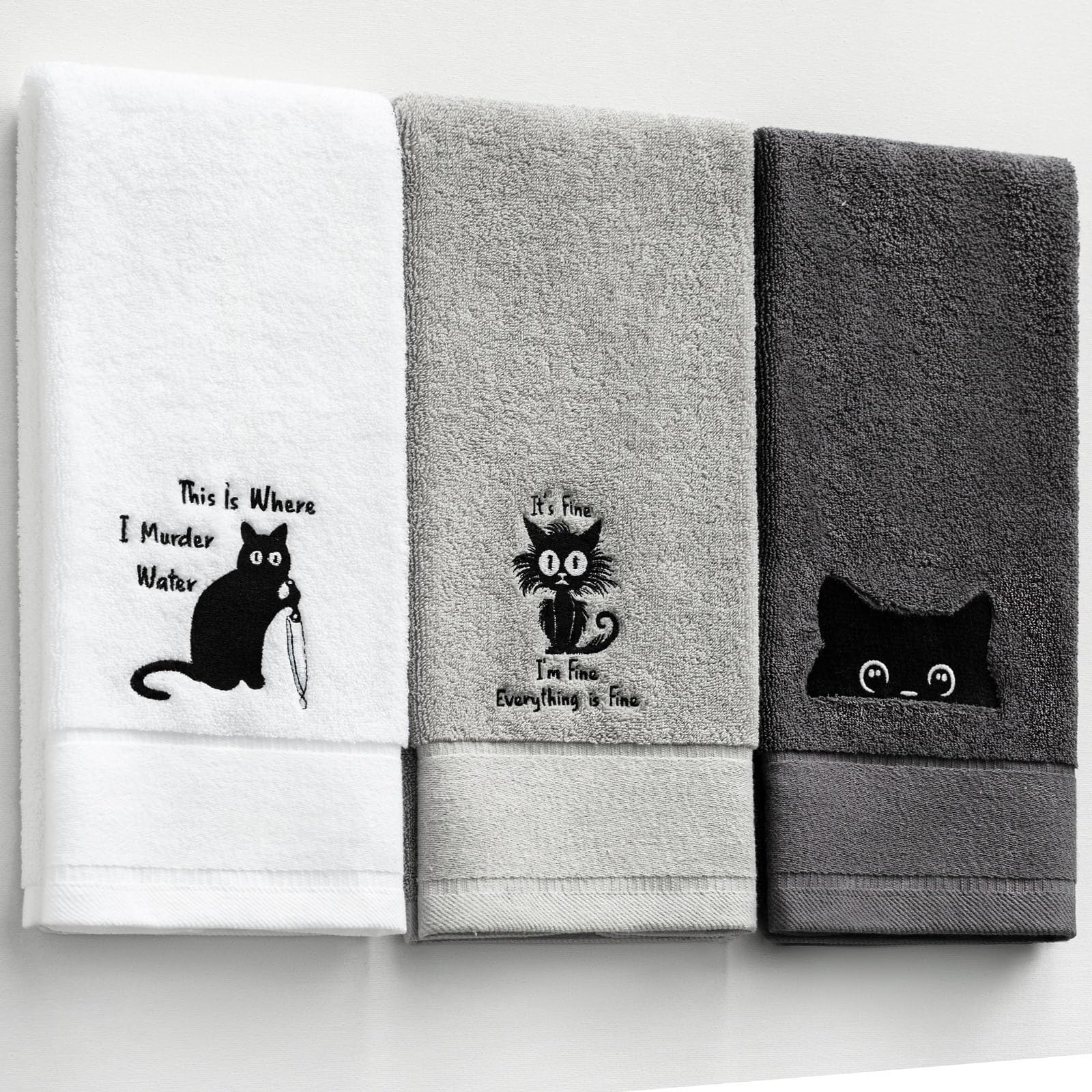 HunnmingRe 3 Pcs Black Cat Hand Towels for Kitchen 13.3 x 29.5'' Funny Bathroom Decor Cute Cotton Dish Towels Cat Lovers Gift for Women Birthday, Kitchen Home Bathroom Accessories