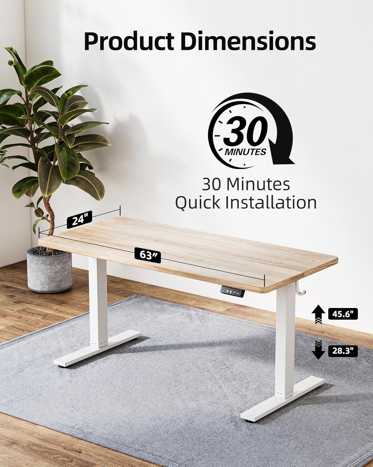 TIQLAB Standing Desk 63 x 24 inch, Electric Height Adjustable Desk with Splice Board, Sit Stand Desk Computer Table for Home Office, White Frame/Maple Top