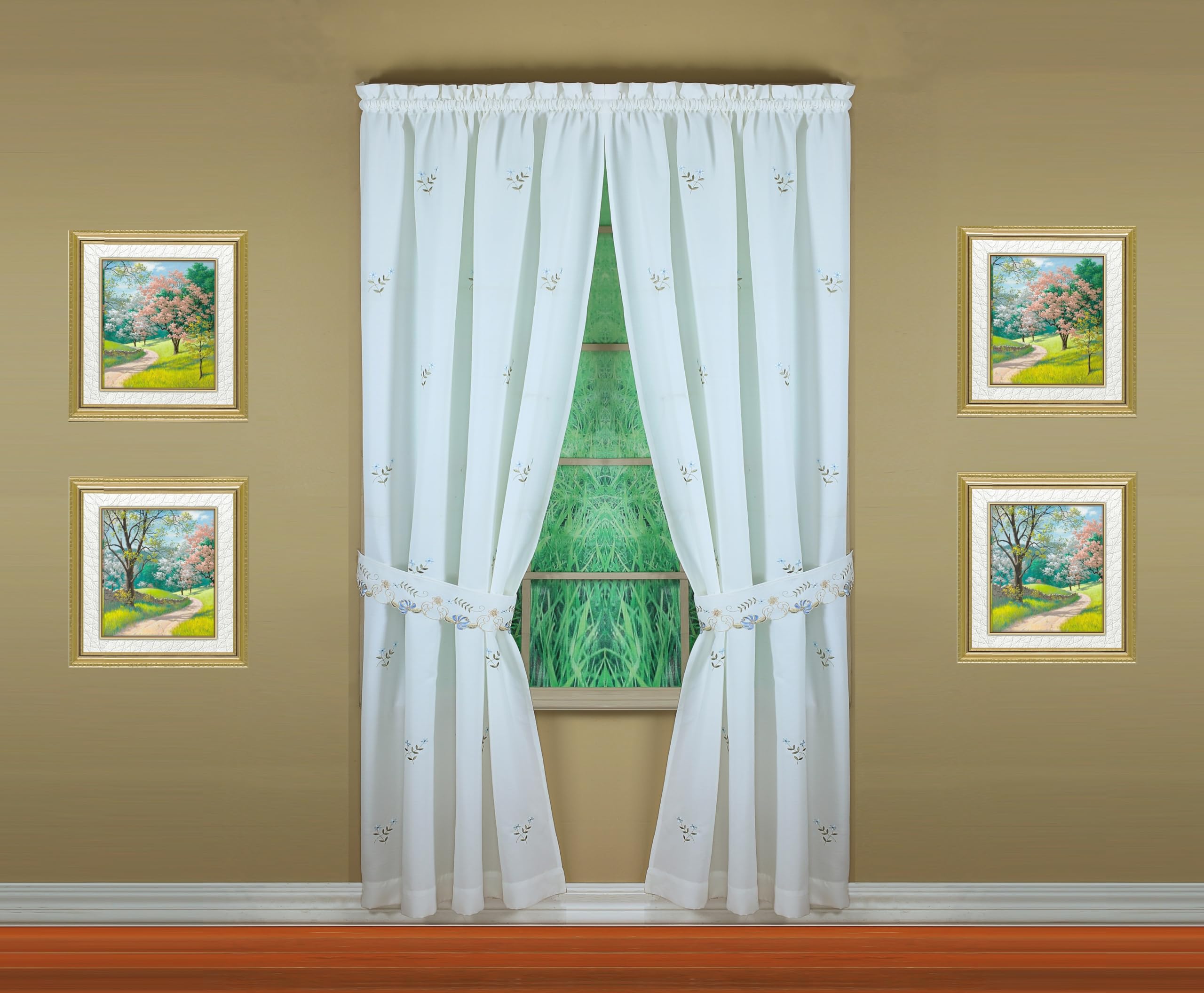 Today's Curtain Verona Reverse Embroidery Window Panel Pair and Tiebacks, 84-Inch, White/Blue