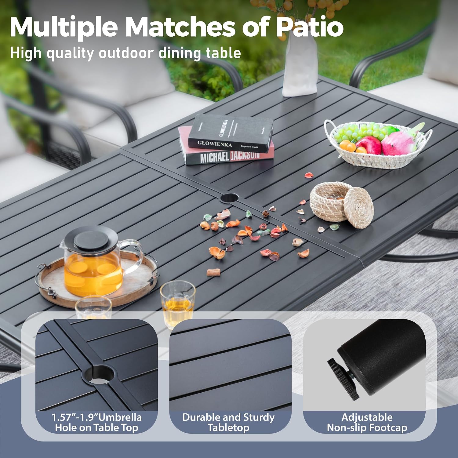 SUNSHINE VALLEY 7 Piece Outdoor Patio Dining Set for 6, 7 Levels Adjustable Foldable Patio Chairs and Patio Table with Umbrella Hole for Garden，Lawn,Deck and Backyard